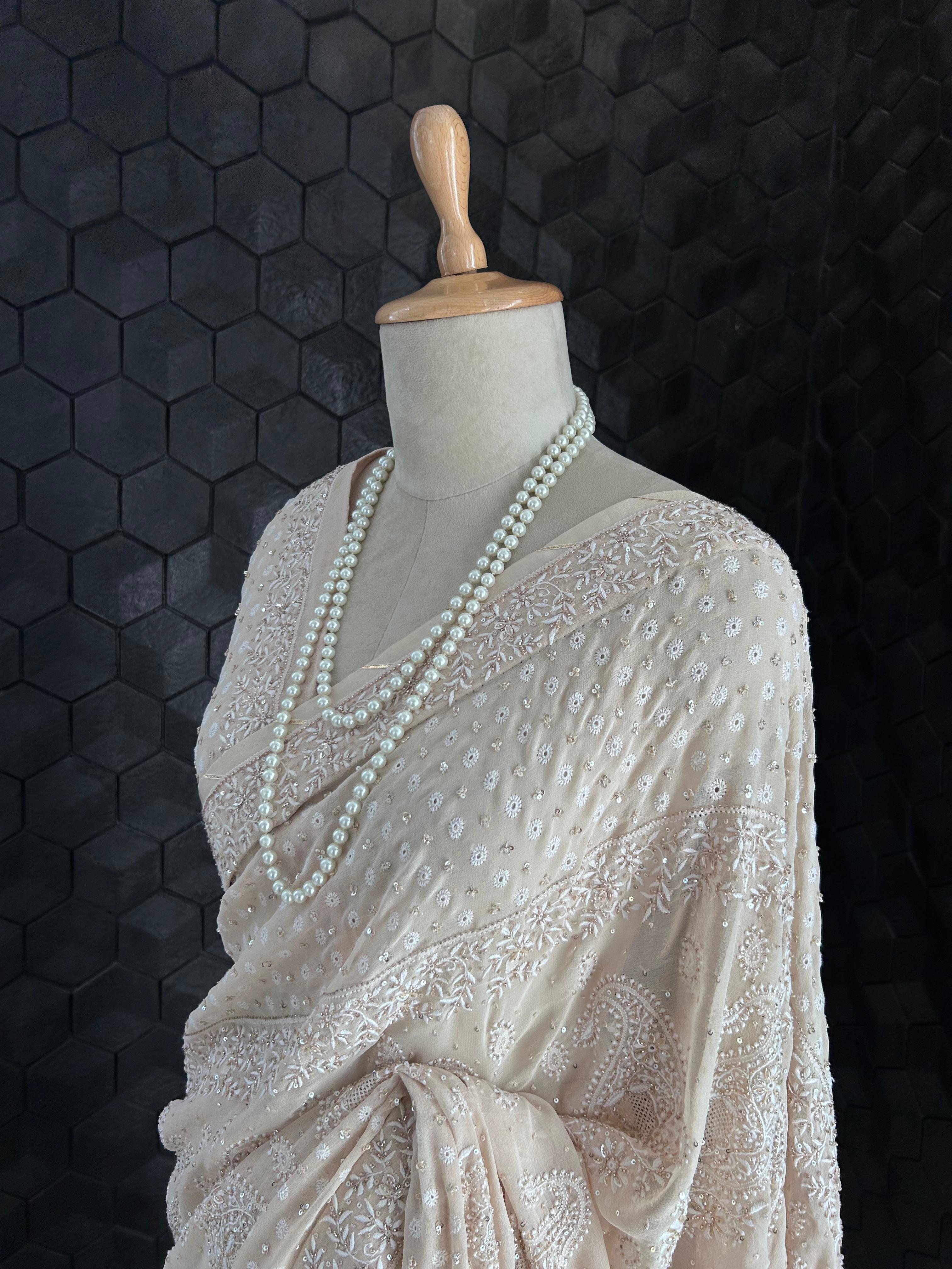 Beige Ek-Taar Georgette Chikankari Saree