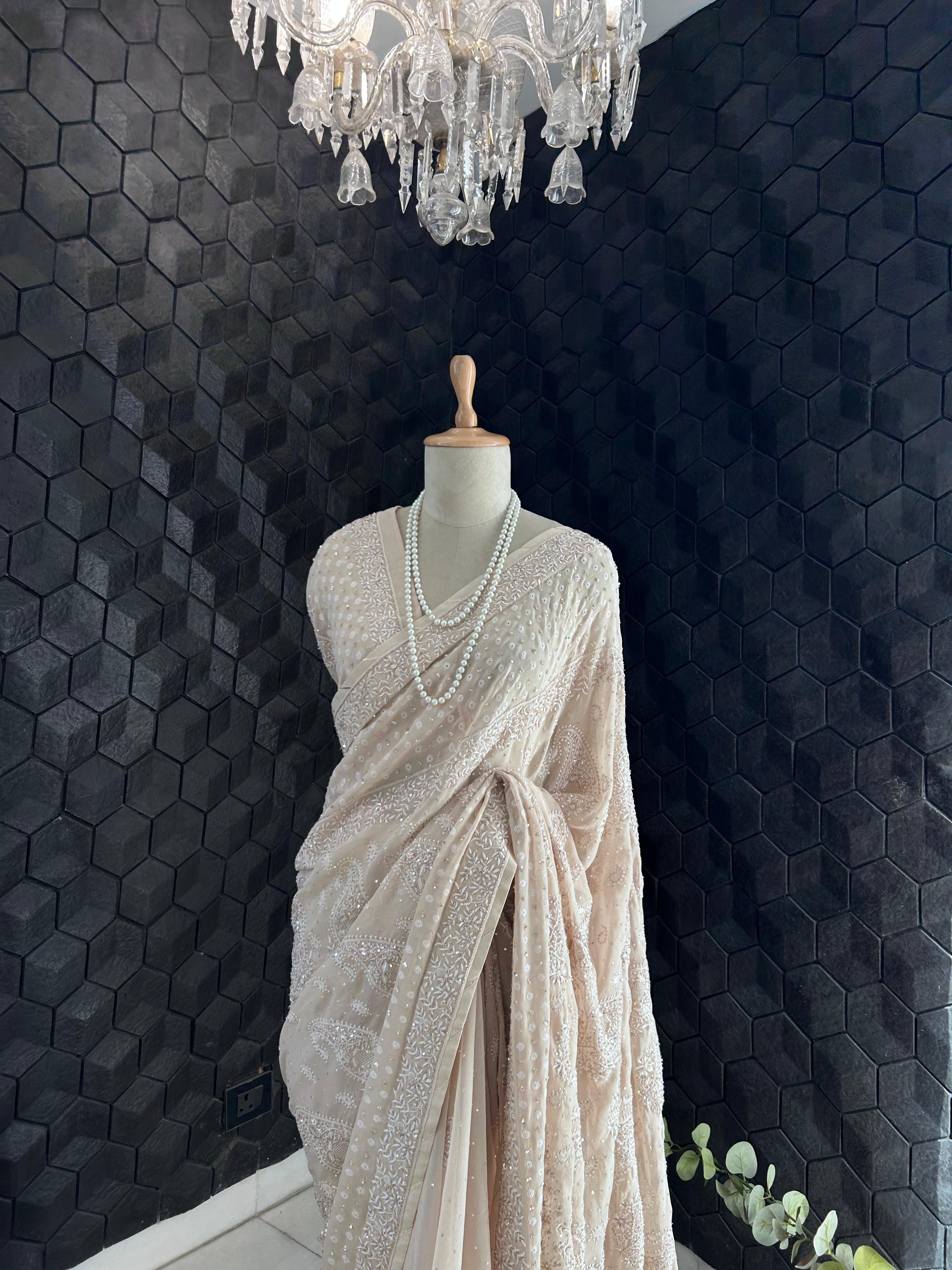 Beige Ek-Taar Georgette Chikankari Saree