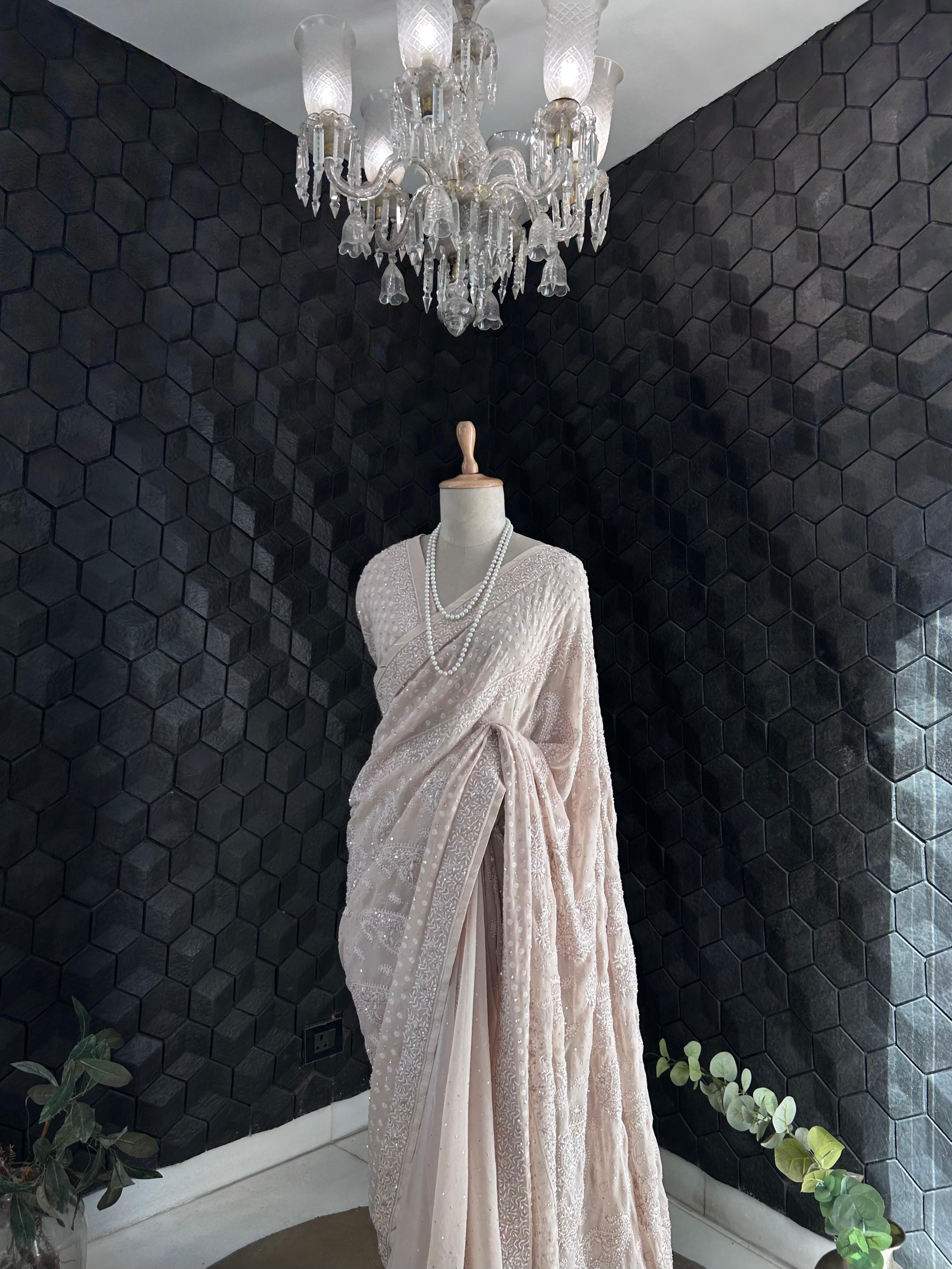 Beige Ek-Taar Georgette Chikankari Saree