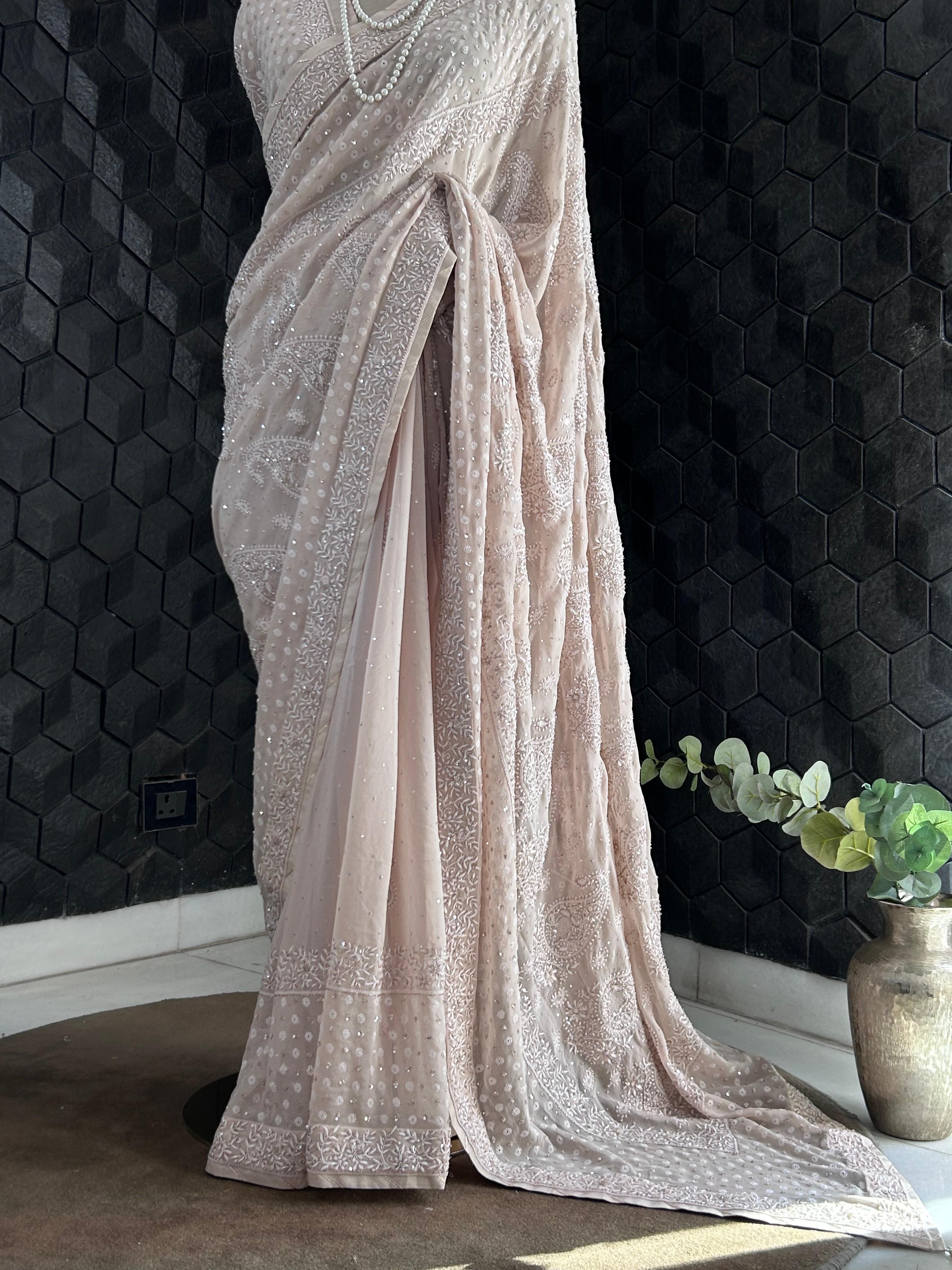 Beige Ek-Taar Georgette Chikankari Saree