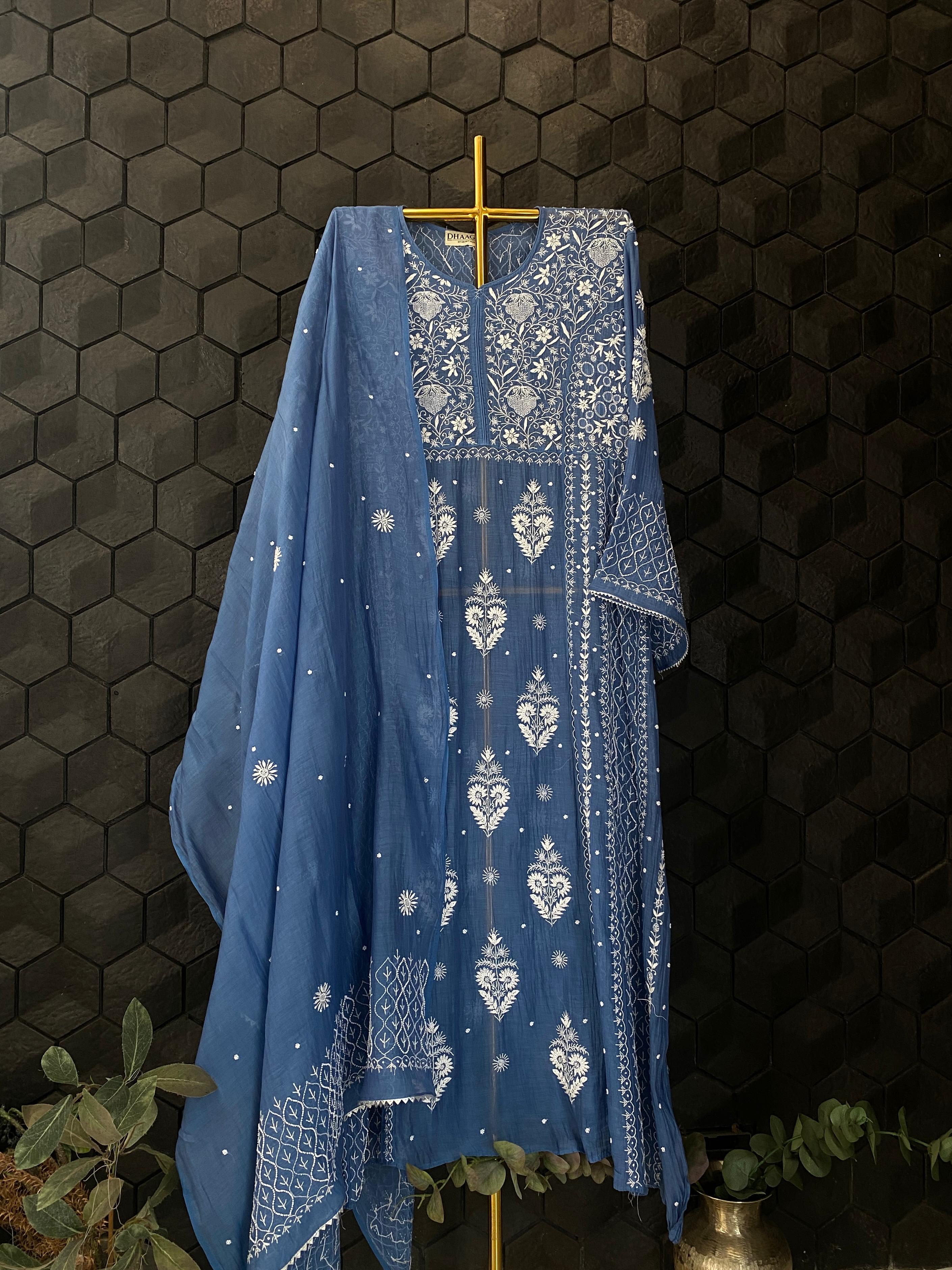 Cobalt blue mul chanderi chikankari anarkali set
