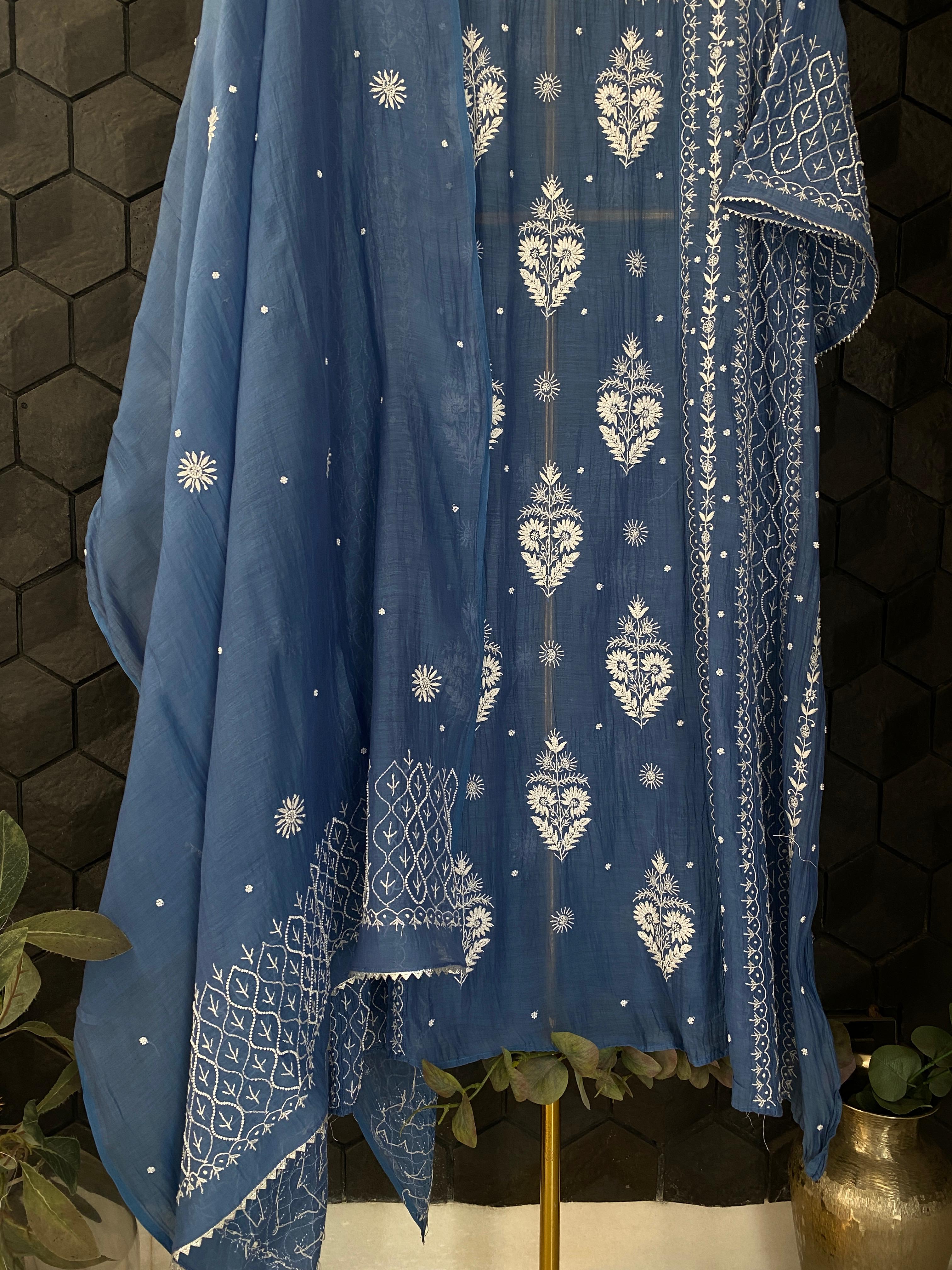 Cobalt blue mul chanderi chikankari anarkali set