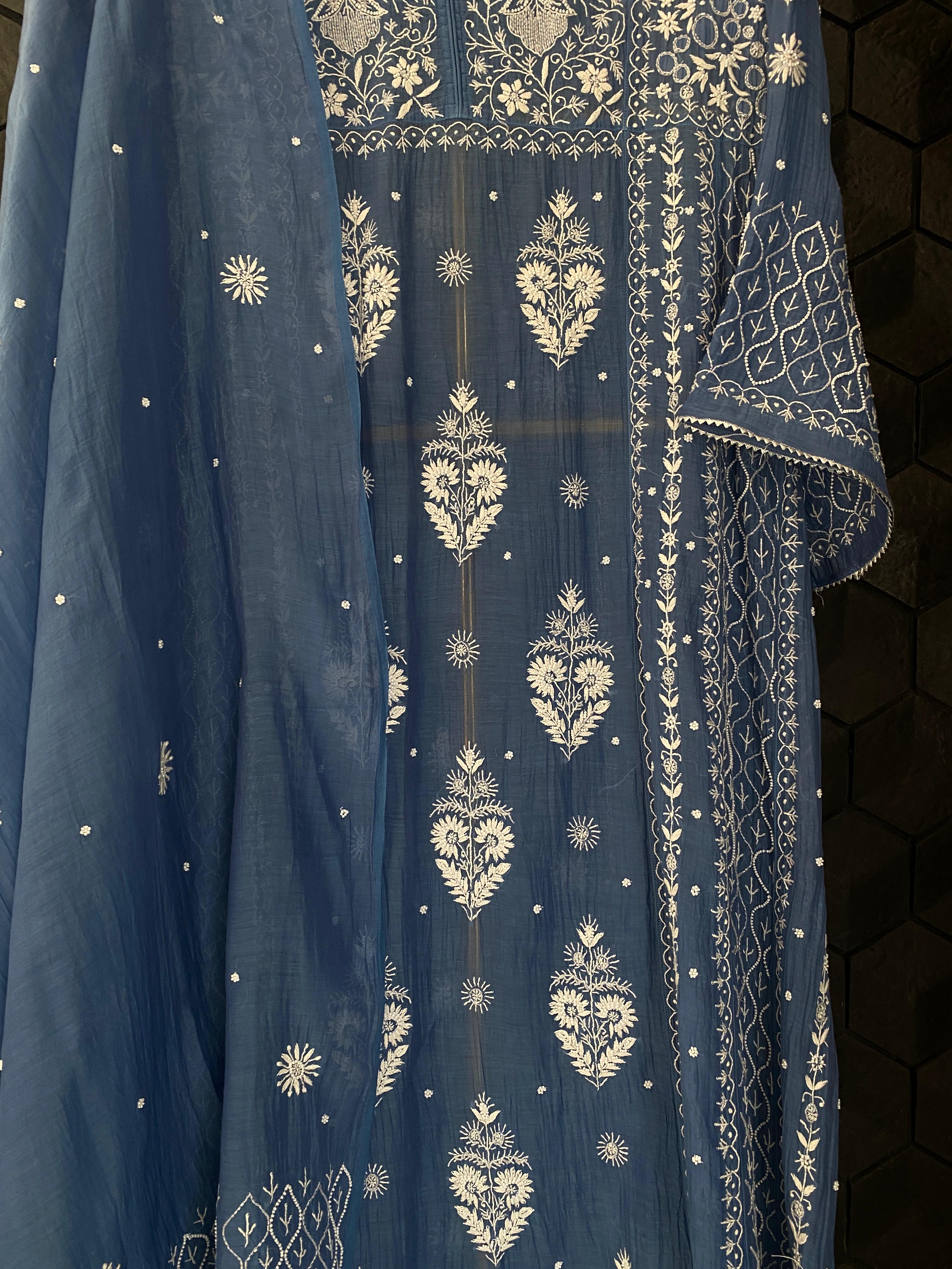 Cobalt blue mul chanderi chikankari anarkali set
