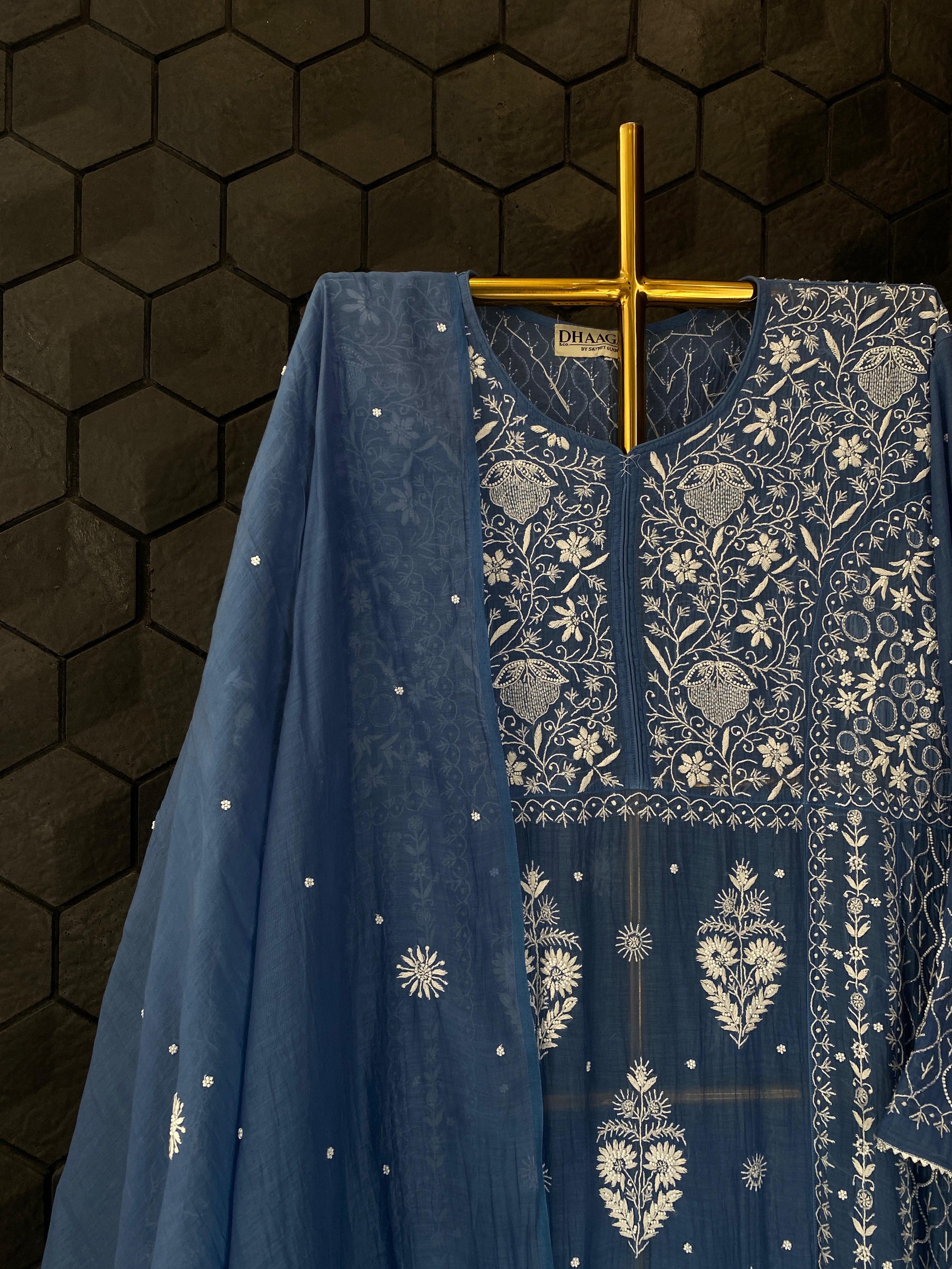 Cobalt blue mul chanderi chikankari anarkali set