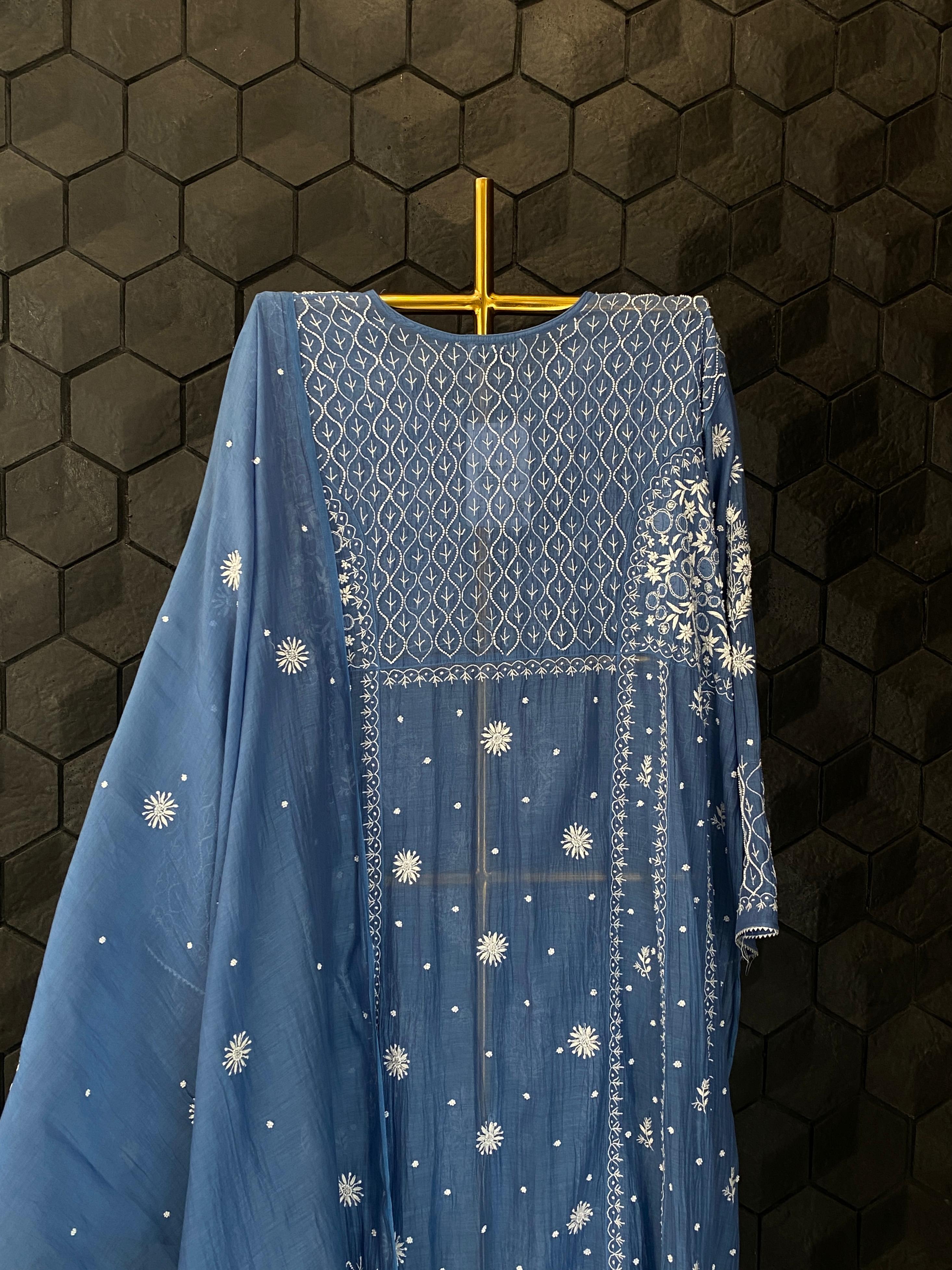Cobalt blue mul chanderi chikankari anarkali set