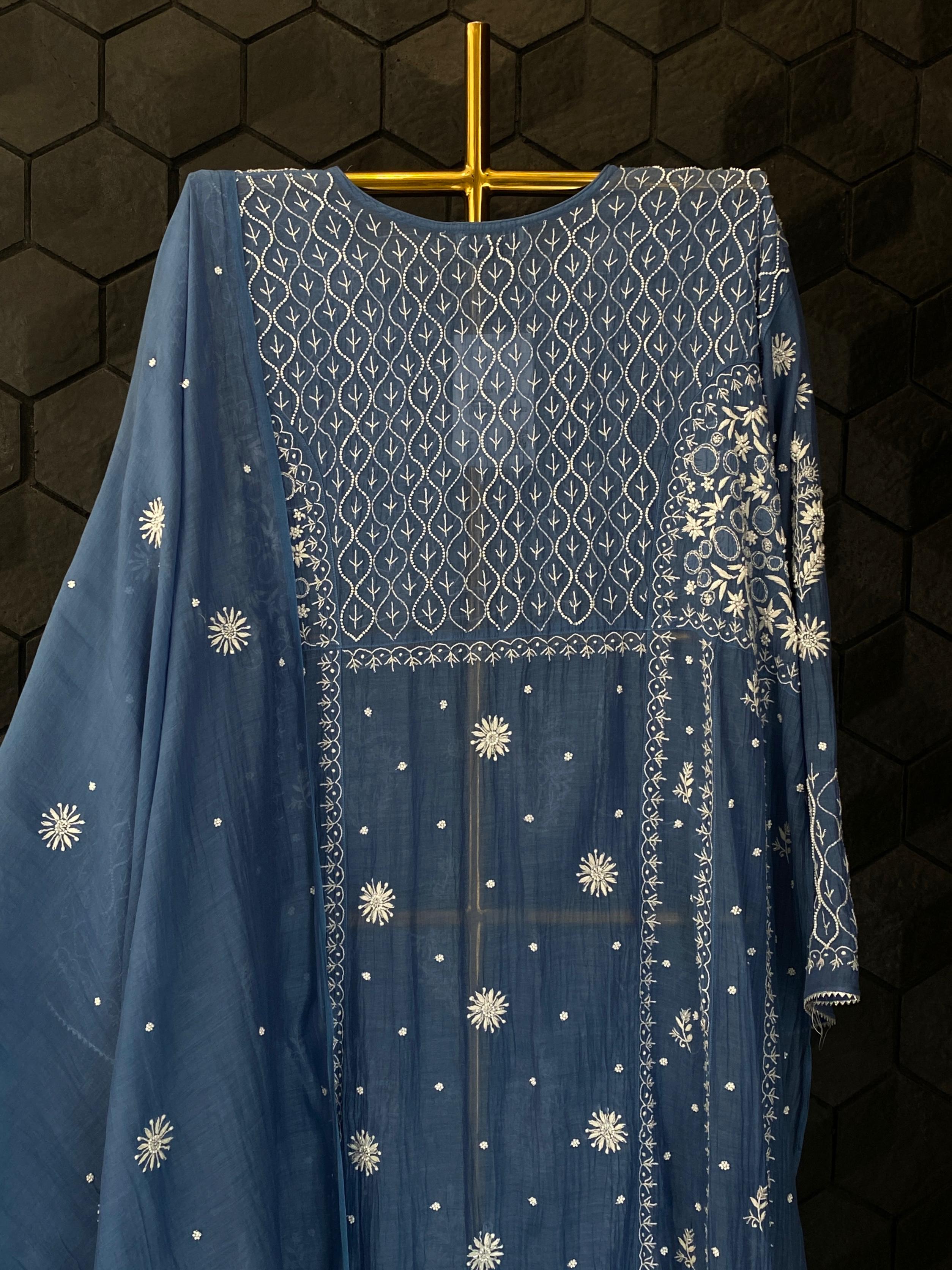 Cobalt blue mul chanderi chikankari anarkali set