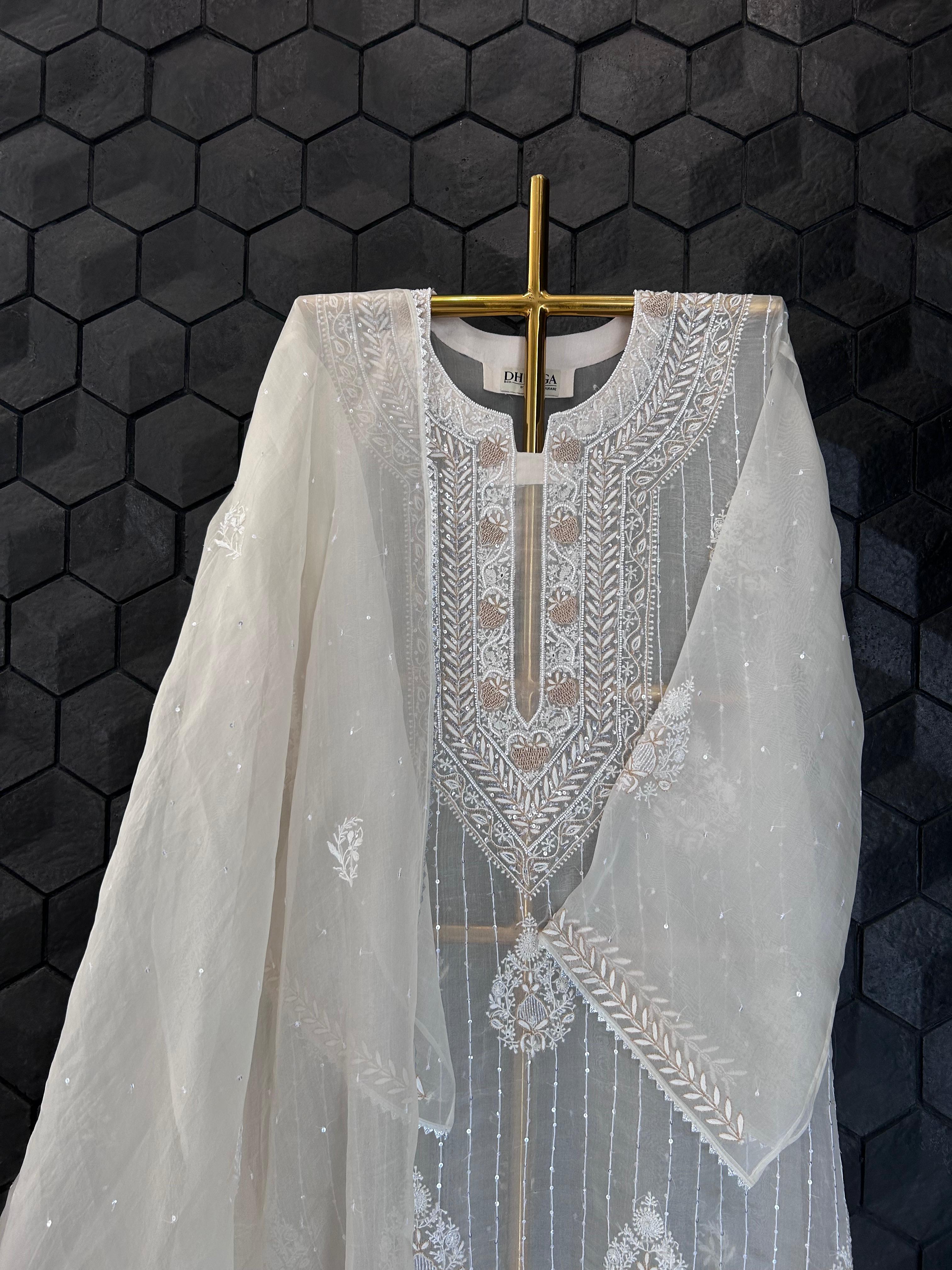 Off White organza chikankari kurta set