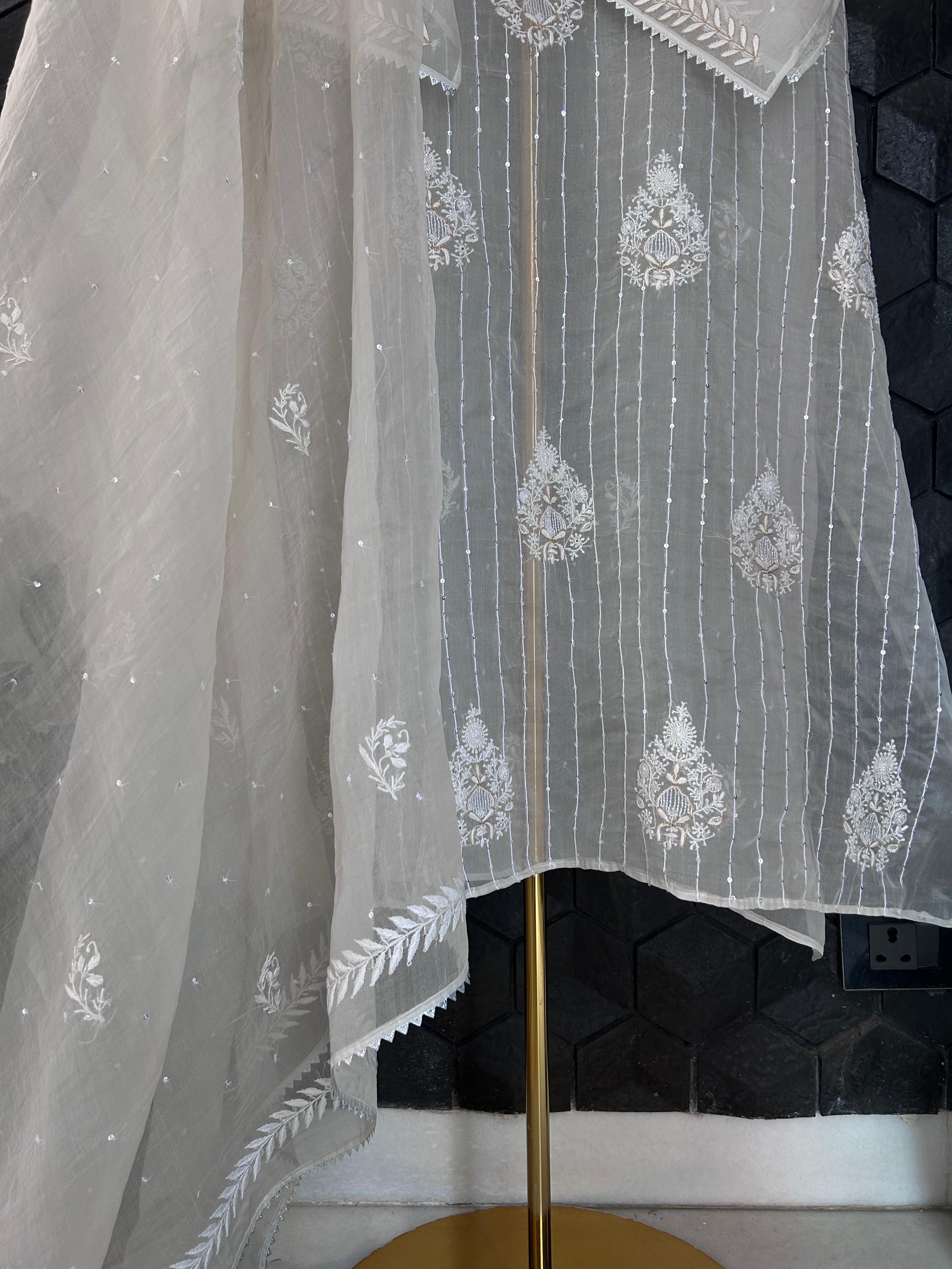 Off White organza chikankari kurta set
