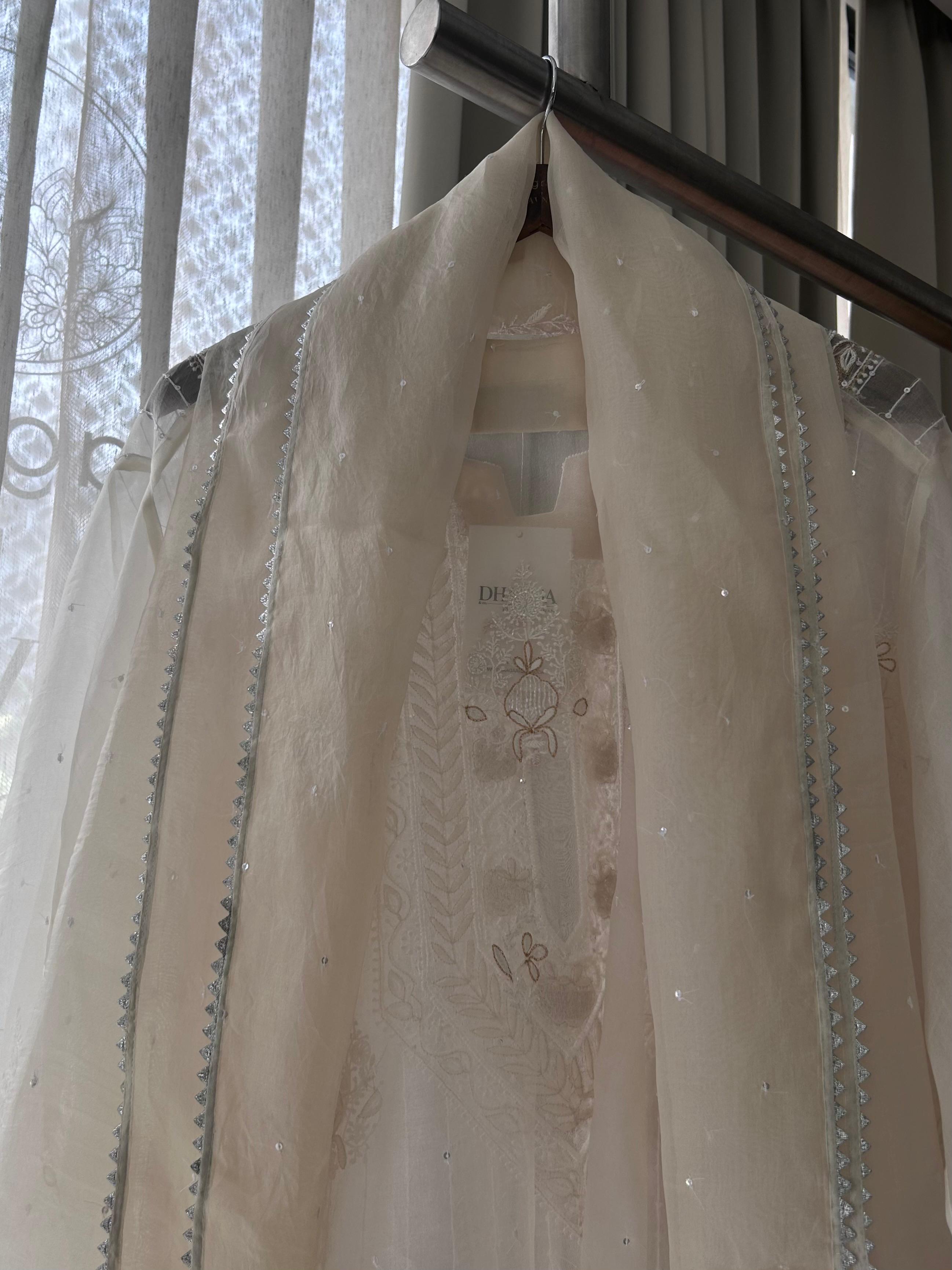 Off White organza chikankari kurta set