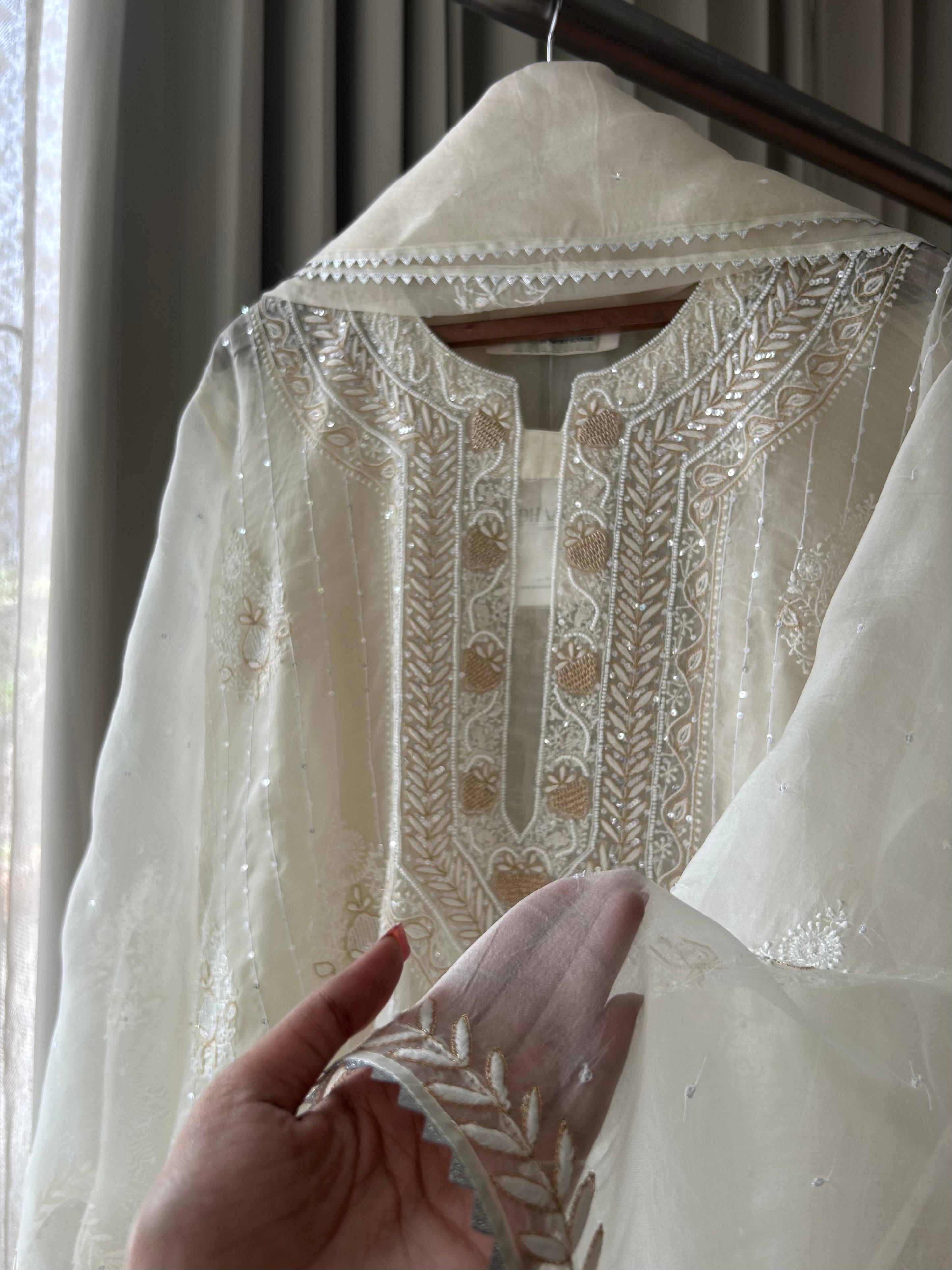 Off White organza chikankari kurta set