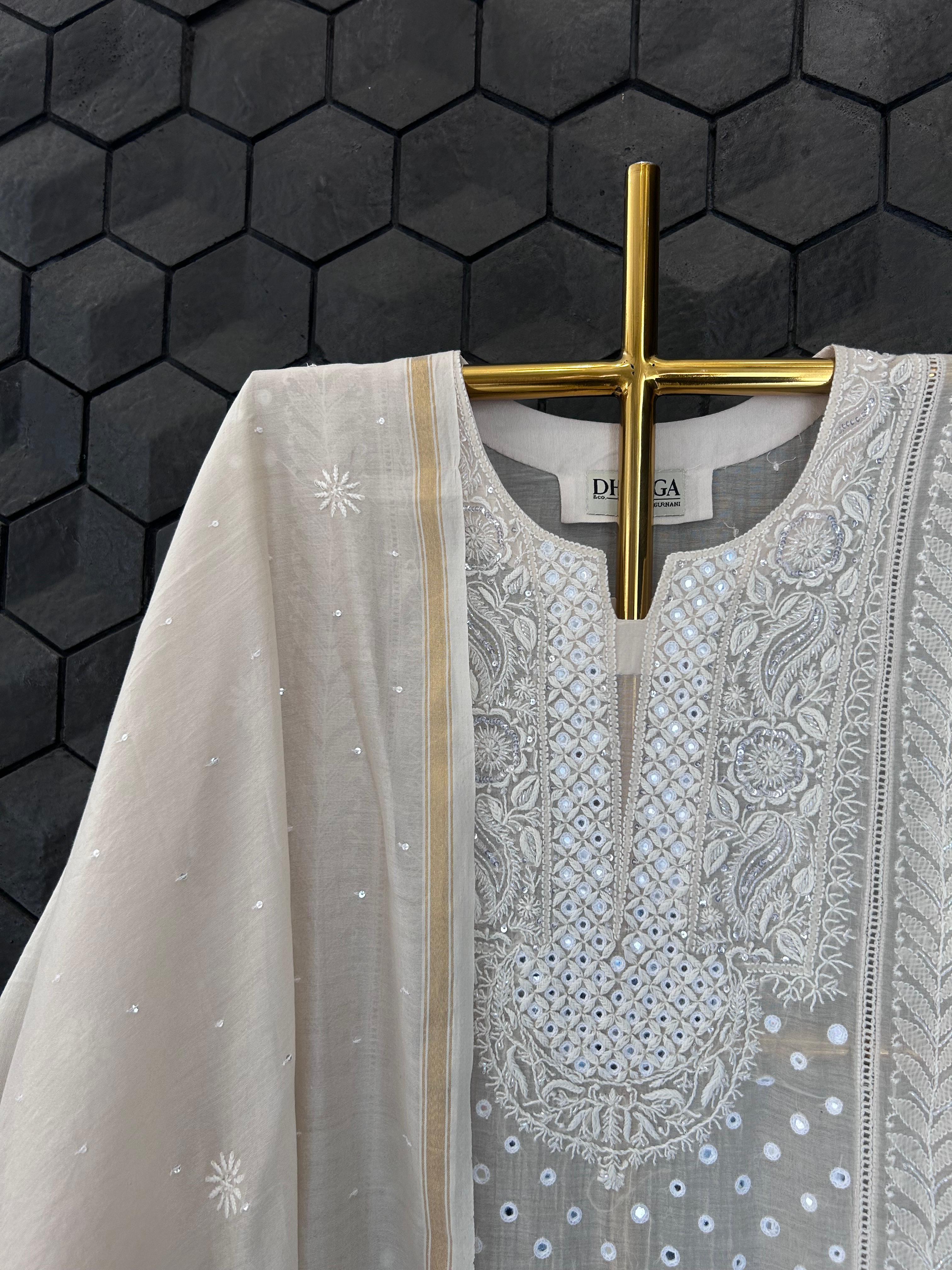 Ivory mul chanderi chikankari kurta set