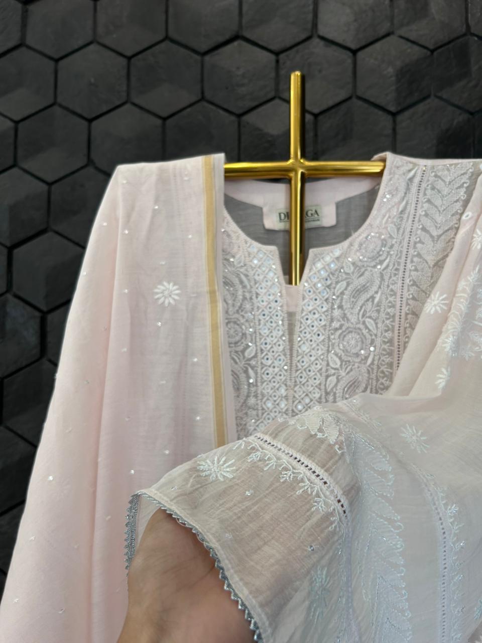 Pink Mul Chanderi Chikankari Kurta Set
