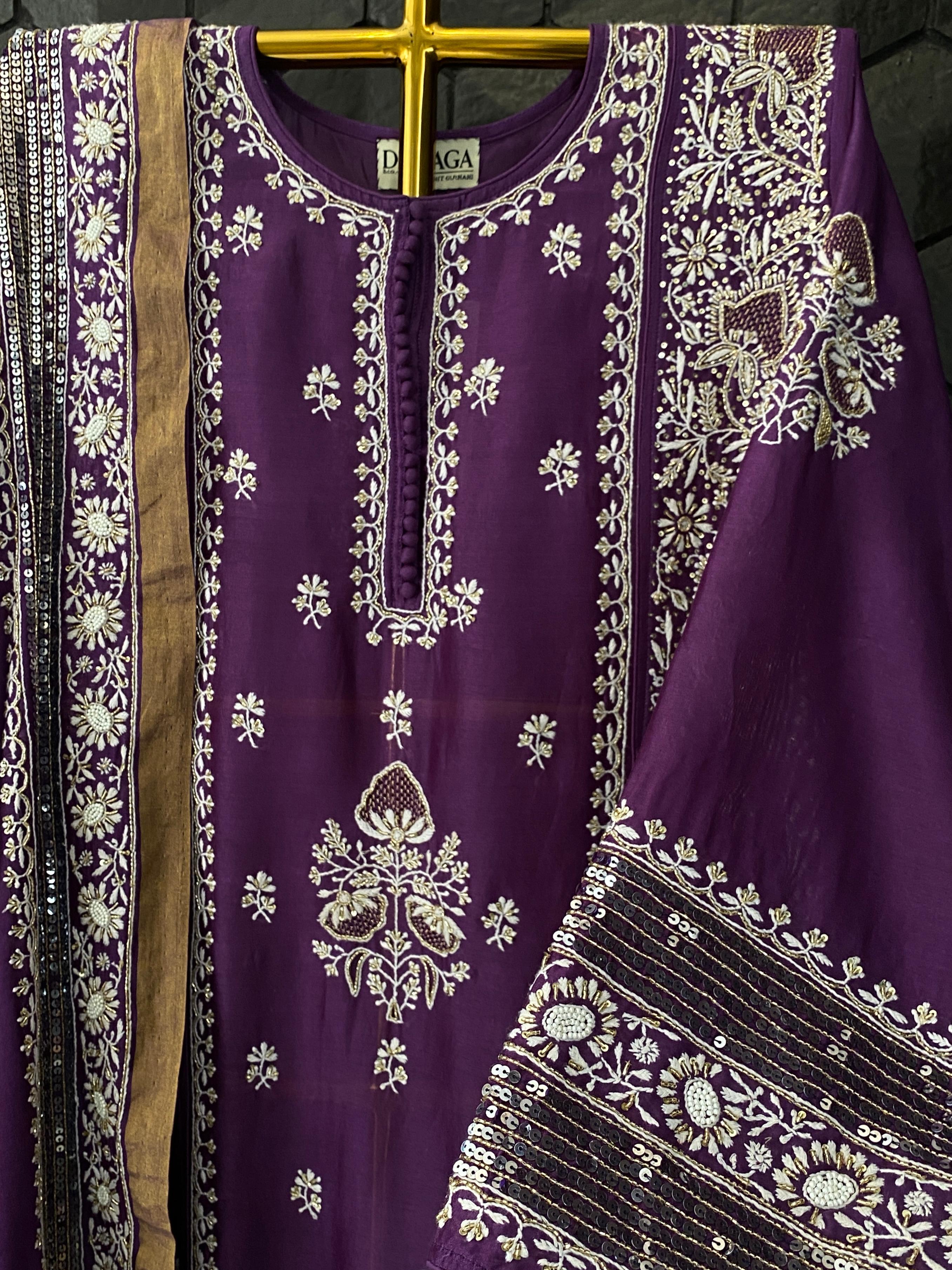Purple Chanderi chikankari Anarkali with heavy statement sequins dupatta