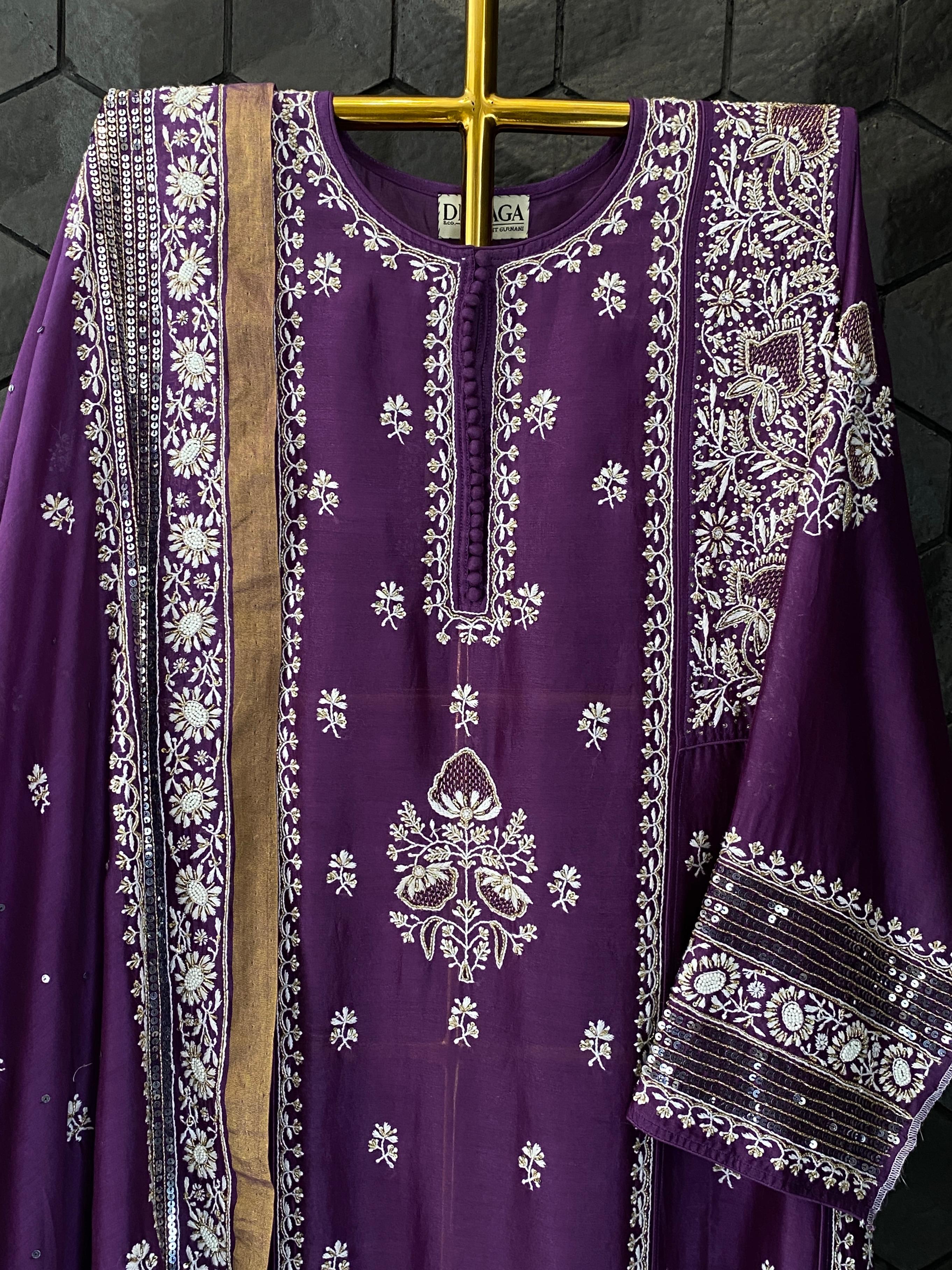 Purple Chanderi chikankari Anarkali with heavy statement sequins dupatta