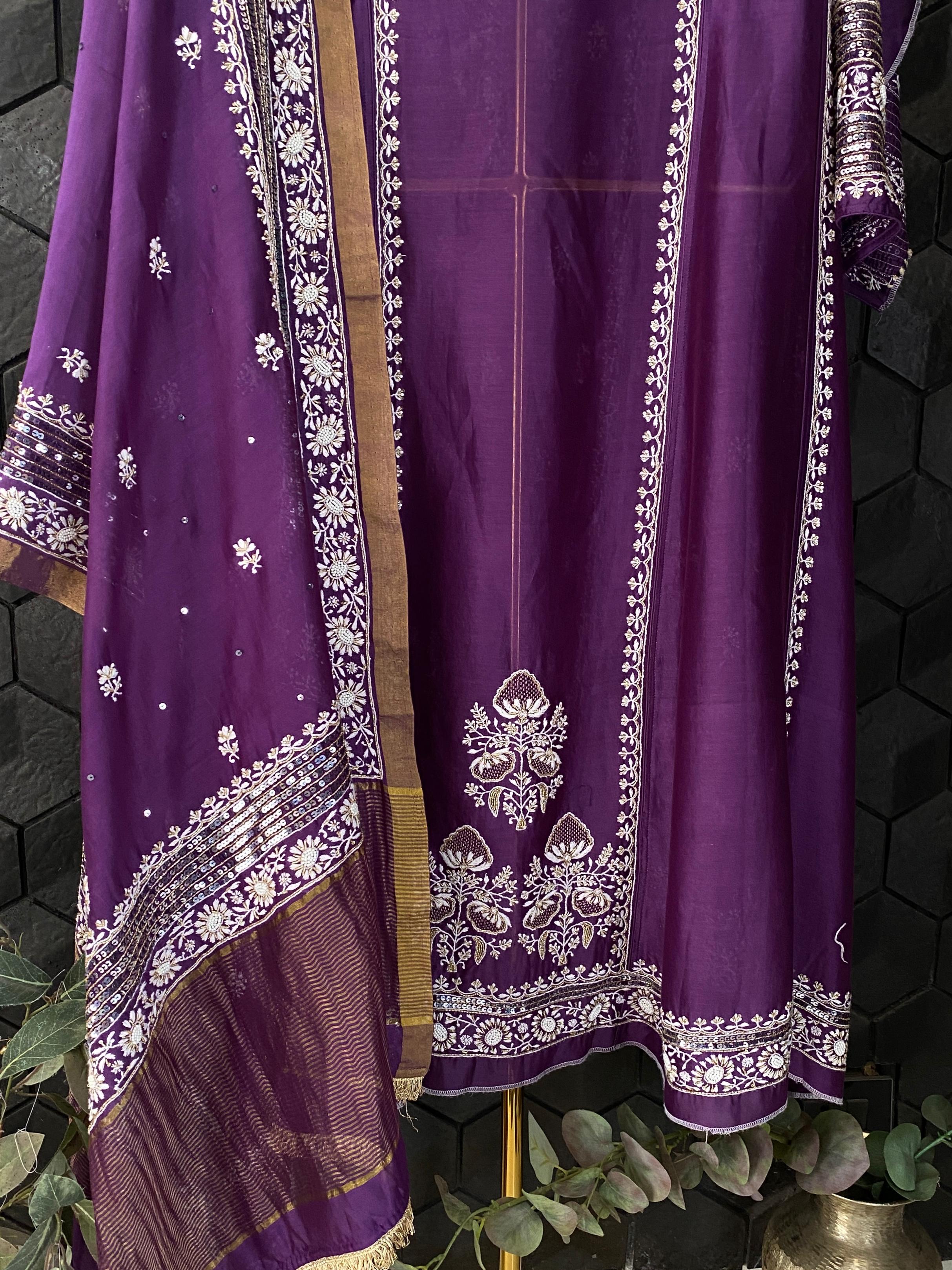 Purple Chanderi chikankari Anarkali with heavy statement sequins dupatta