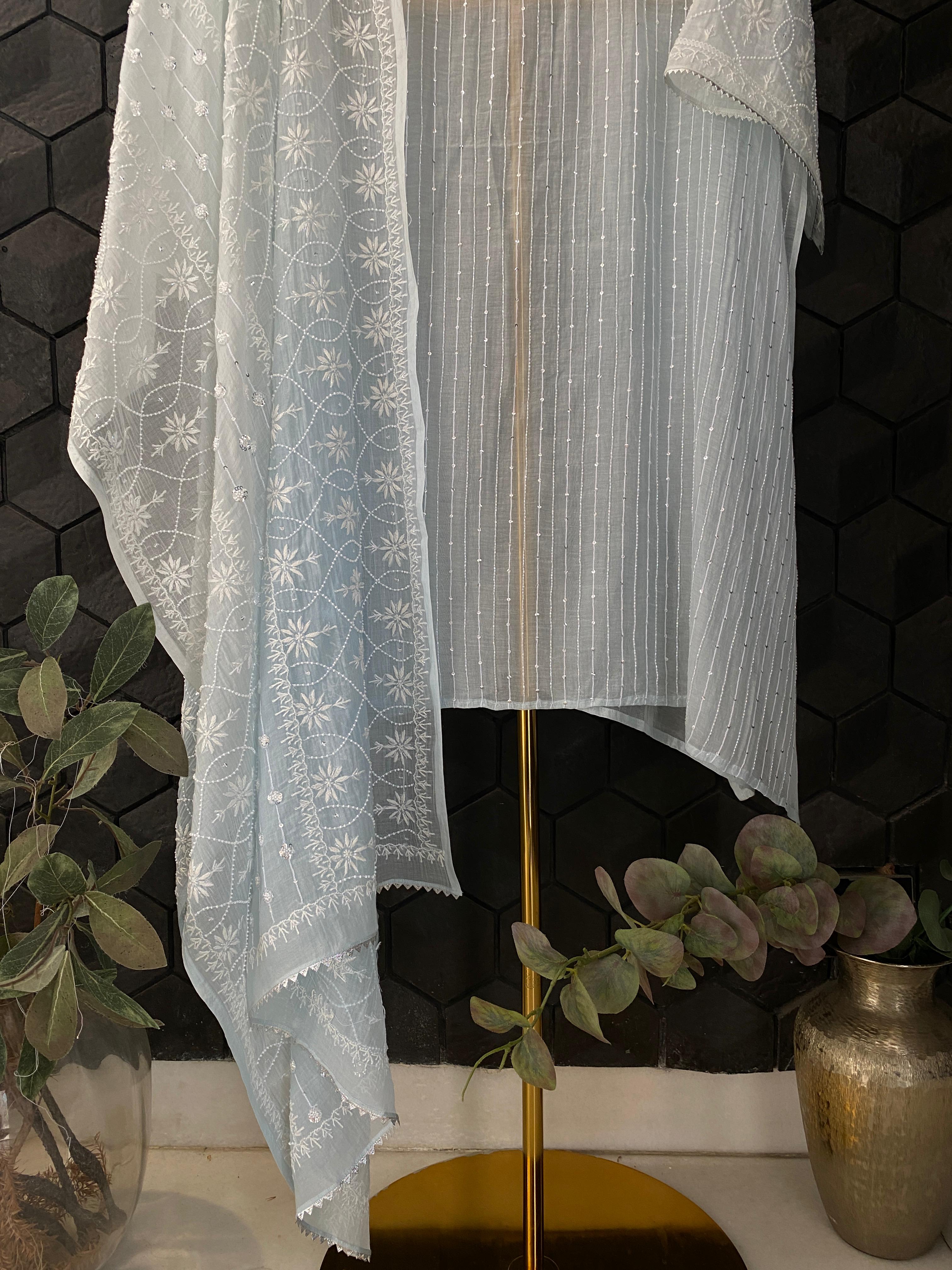 Sky blue mul chanderi chikankari kurta set