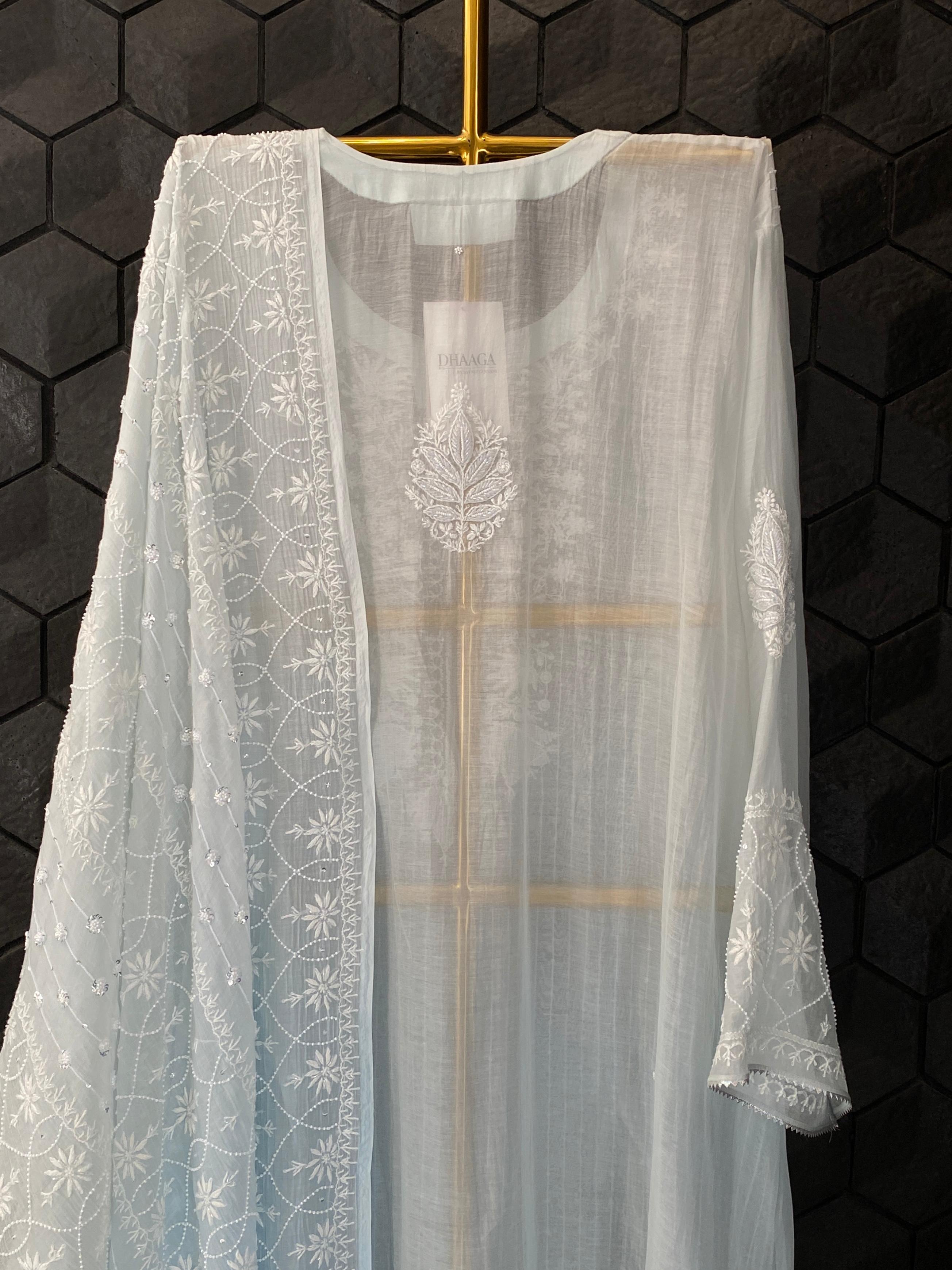 Sky blue mul chanderi chikankari kurta set