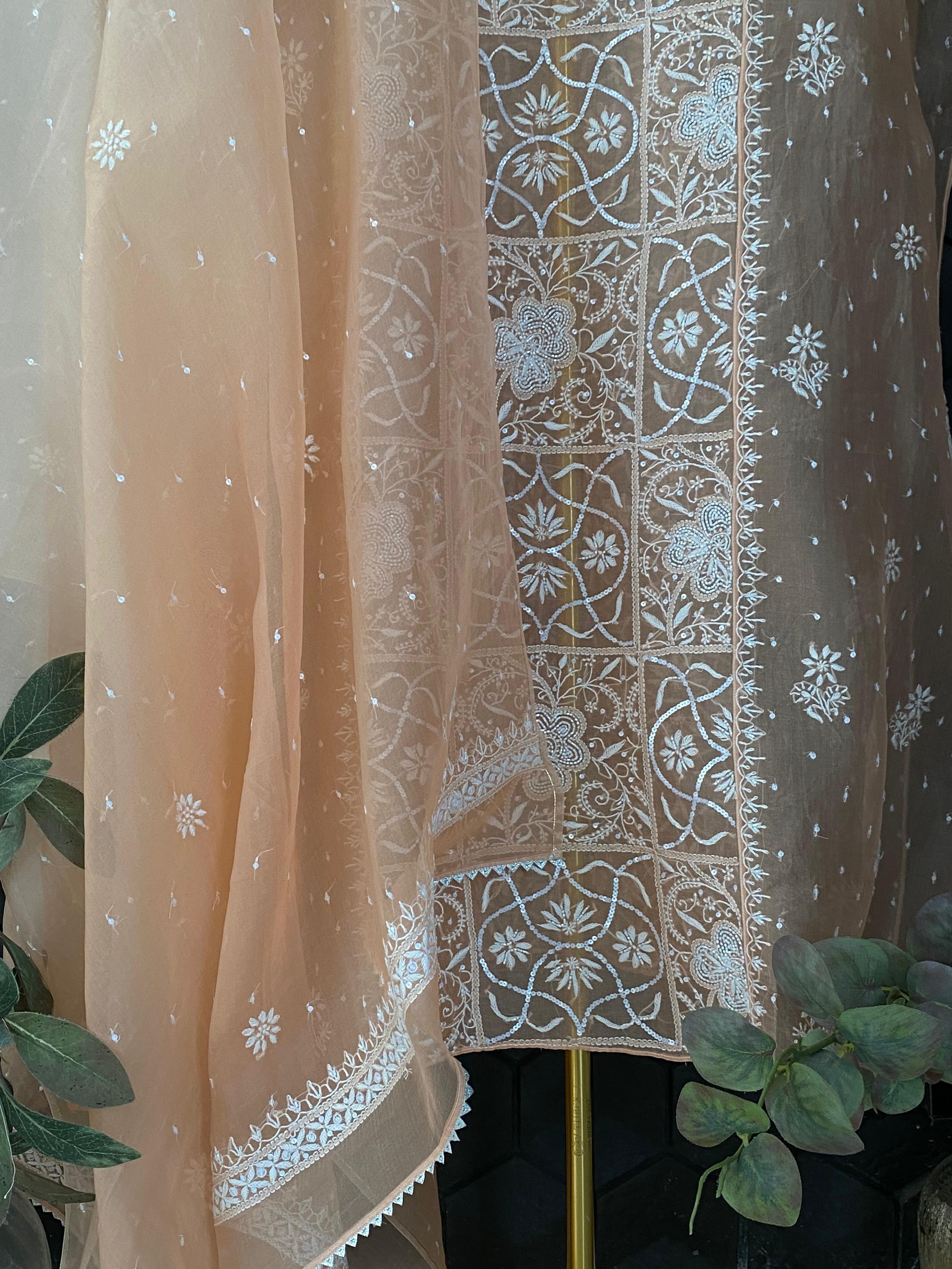 Peach organza chikankari Kurta set