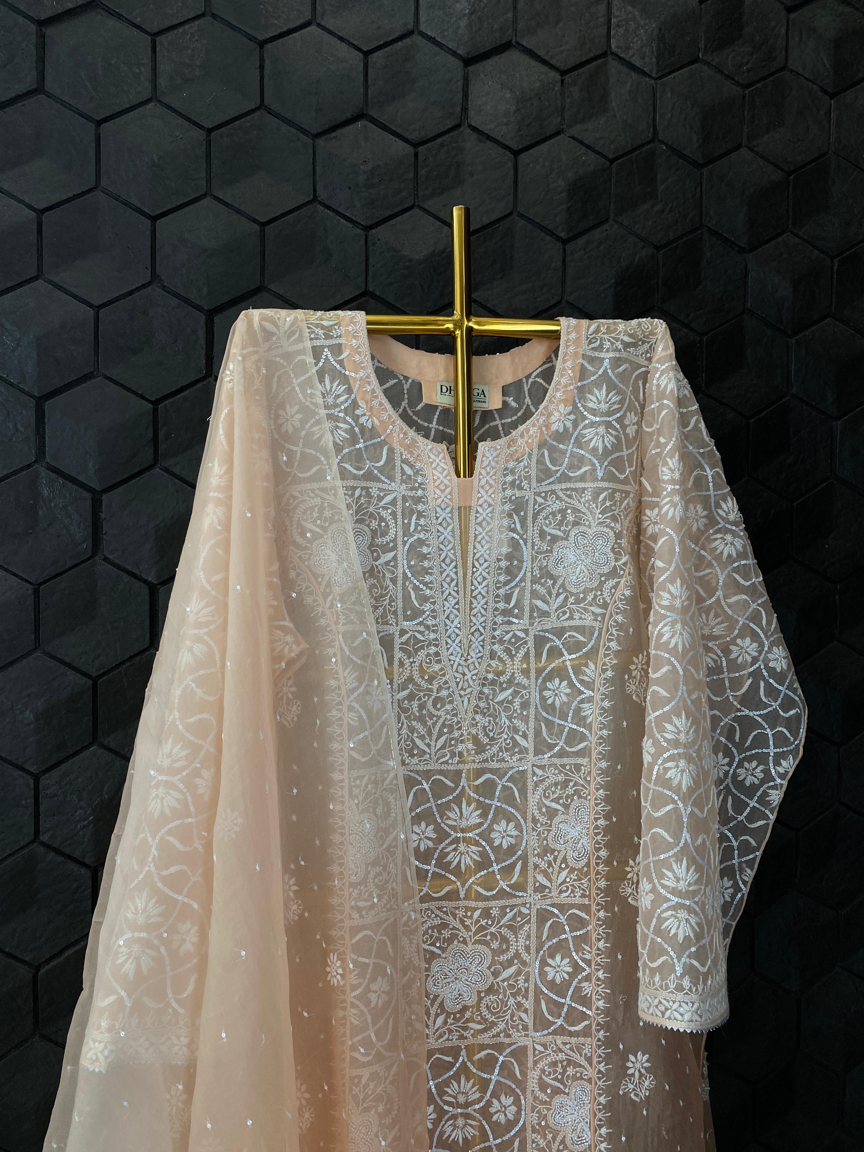 Peach organza chikankari Kurta set