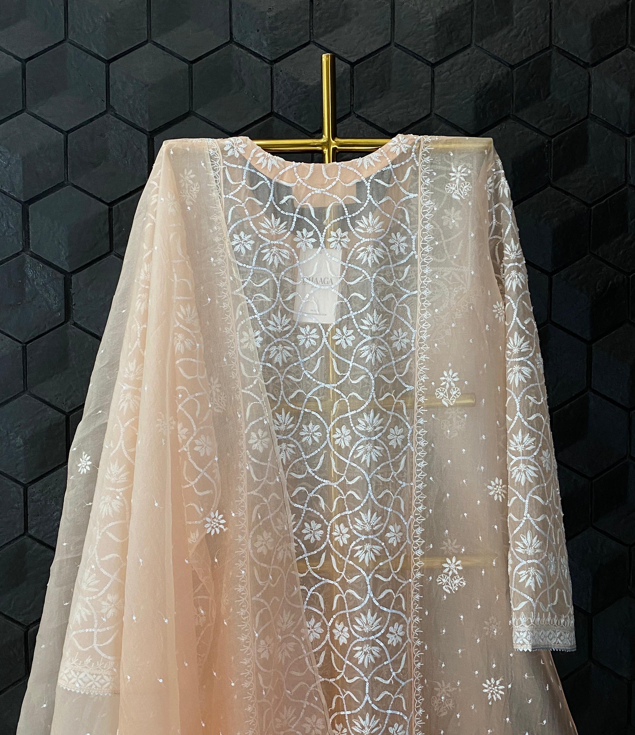 Peach organza chikankari Kurta set