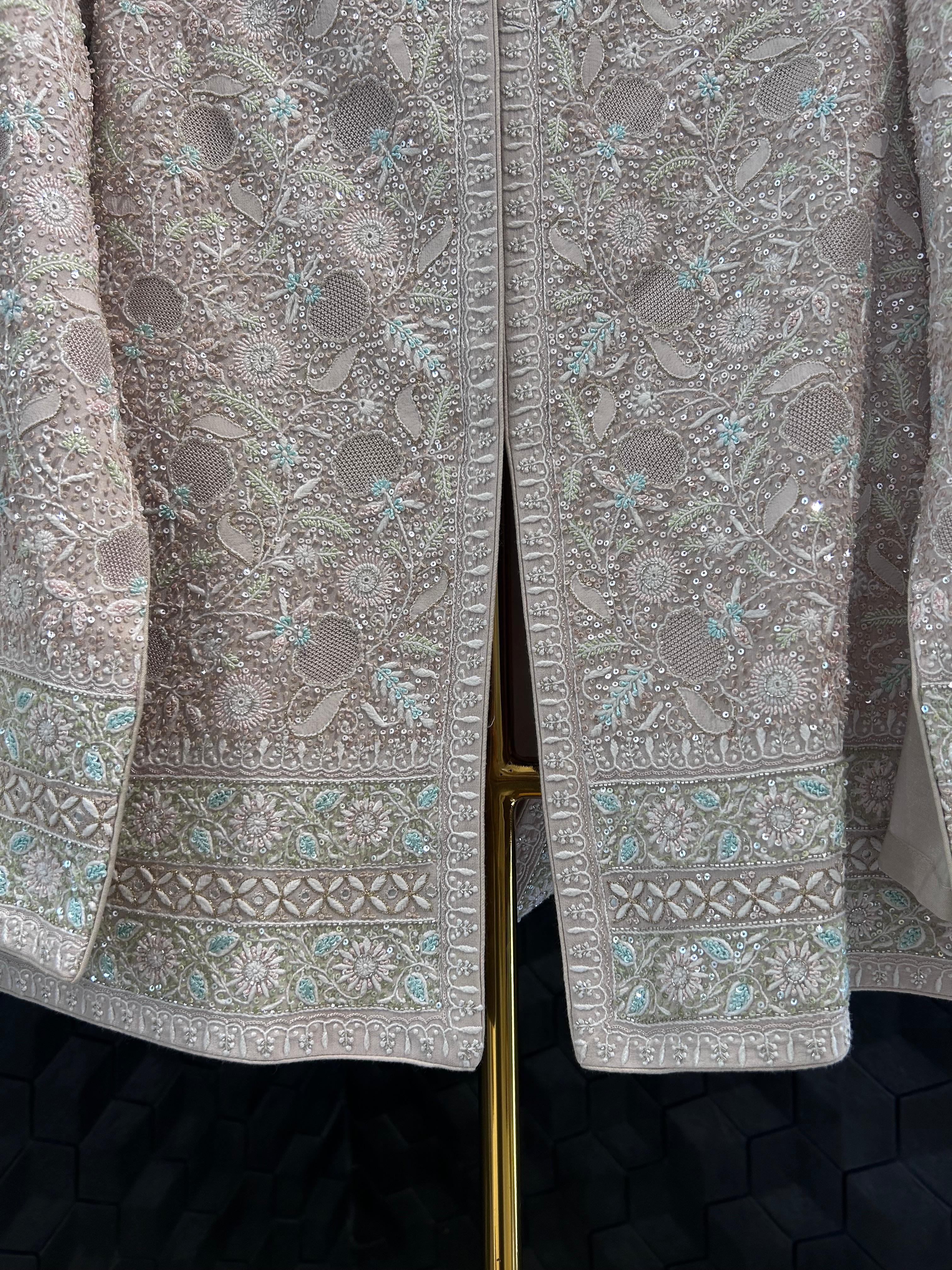 Beige georgette chikankari gilet-set with statement multi colour thread work