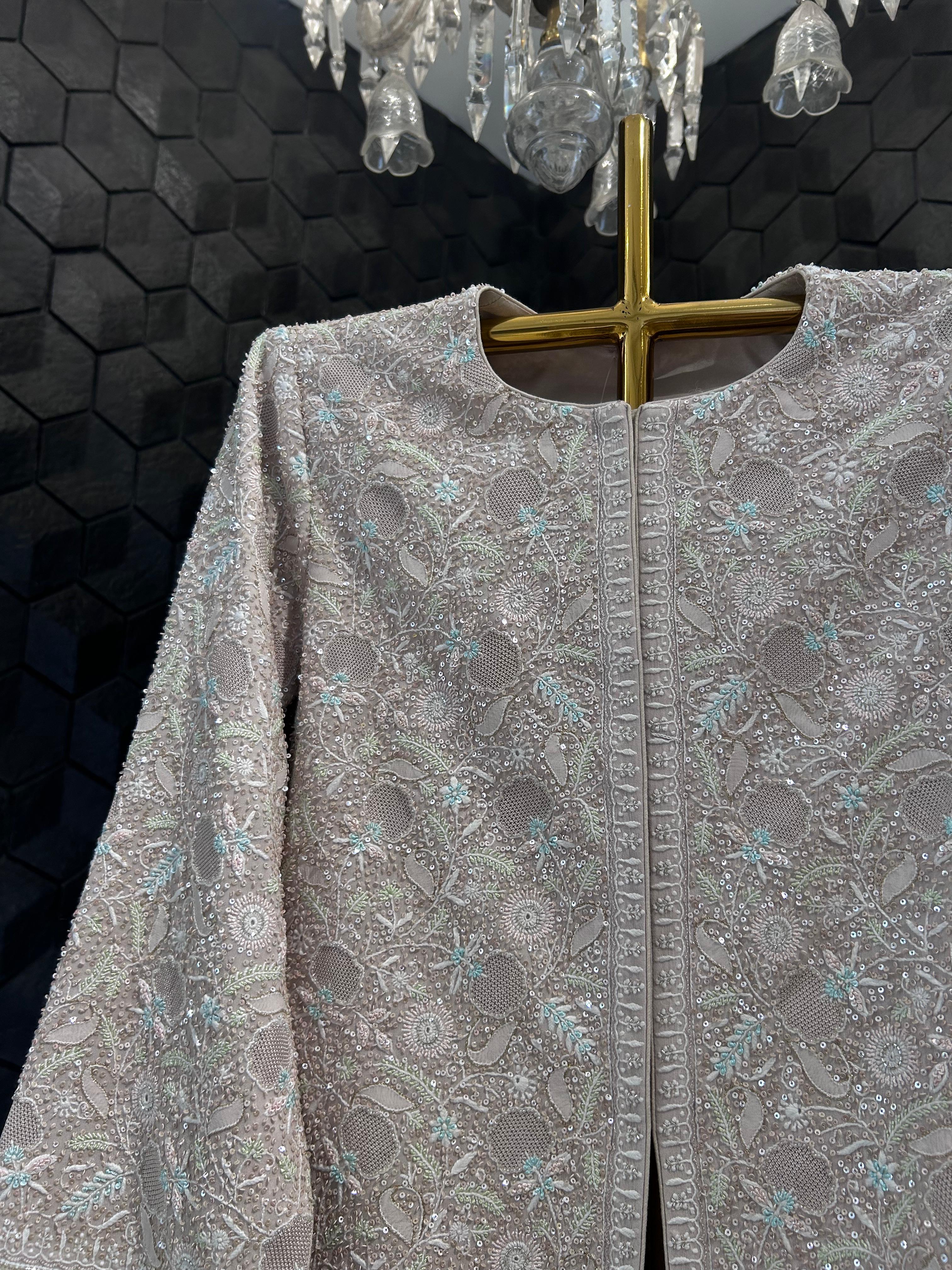 Beige georgette chikankari gilet-set with statement multi colour thread work