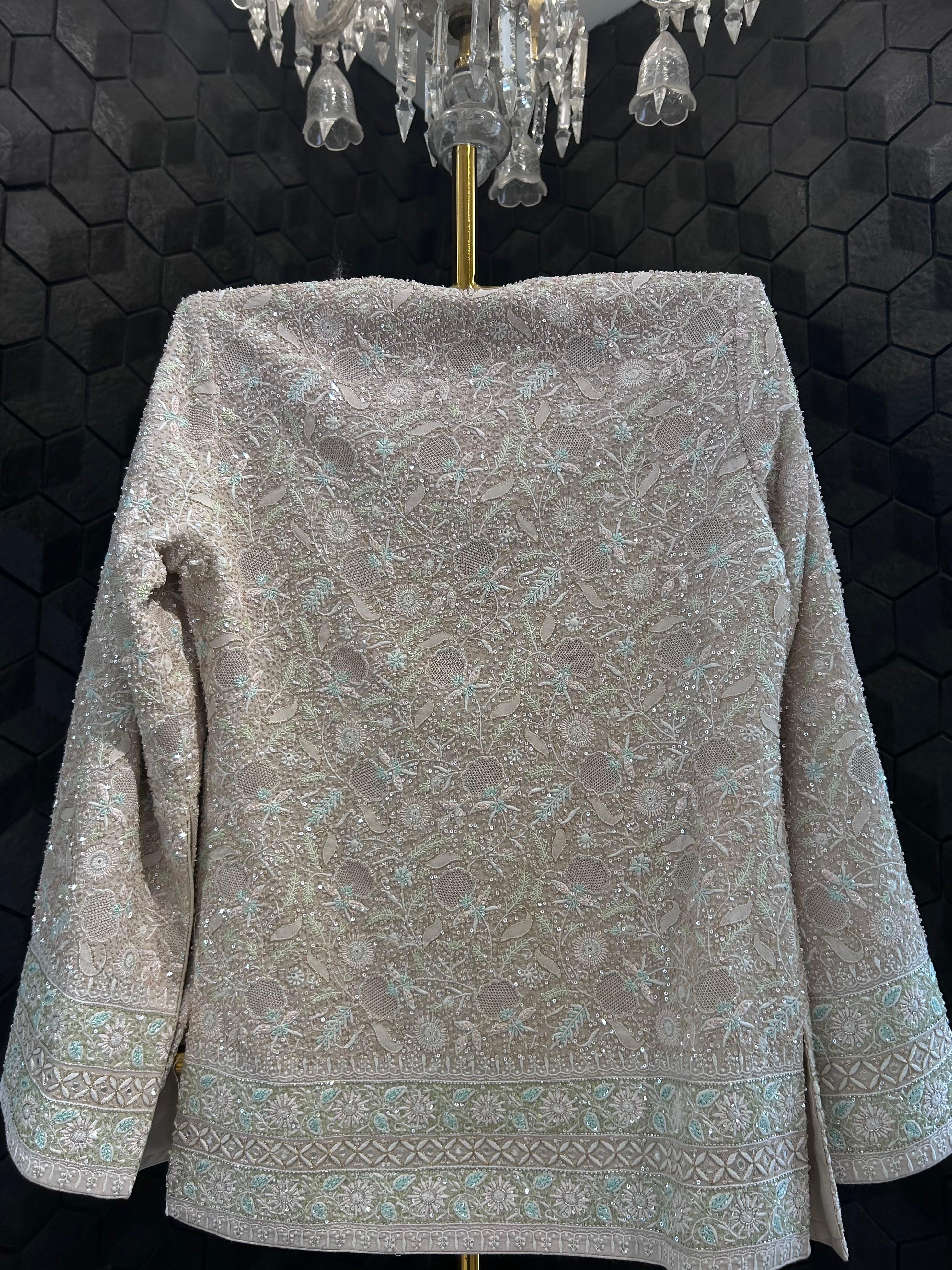 Beige georgette chikankari gilet-set with statement multi colour thread work