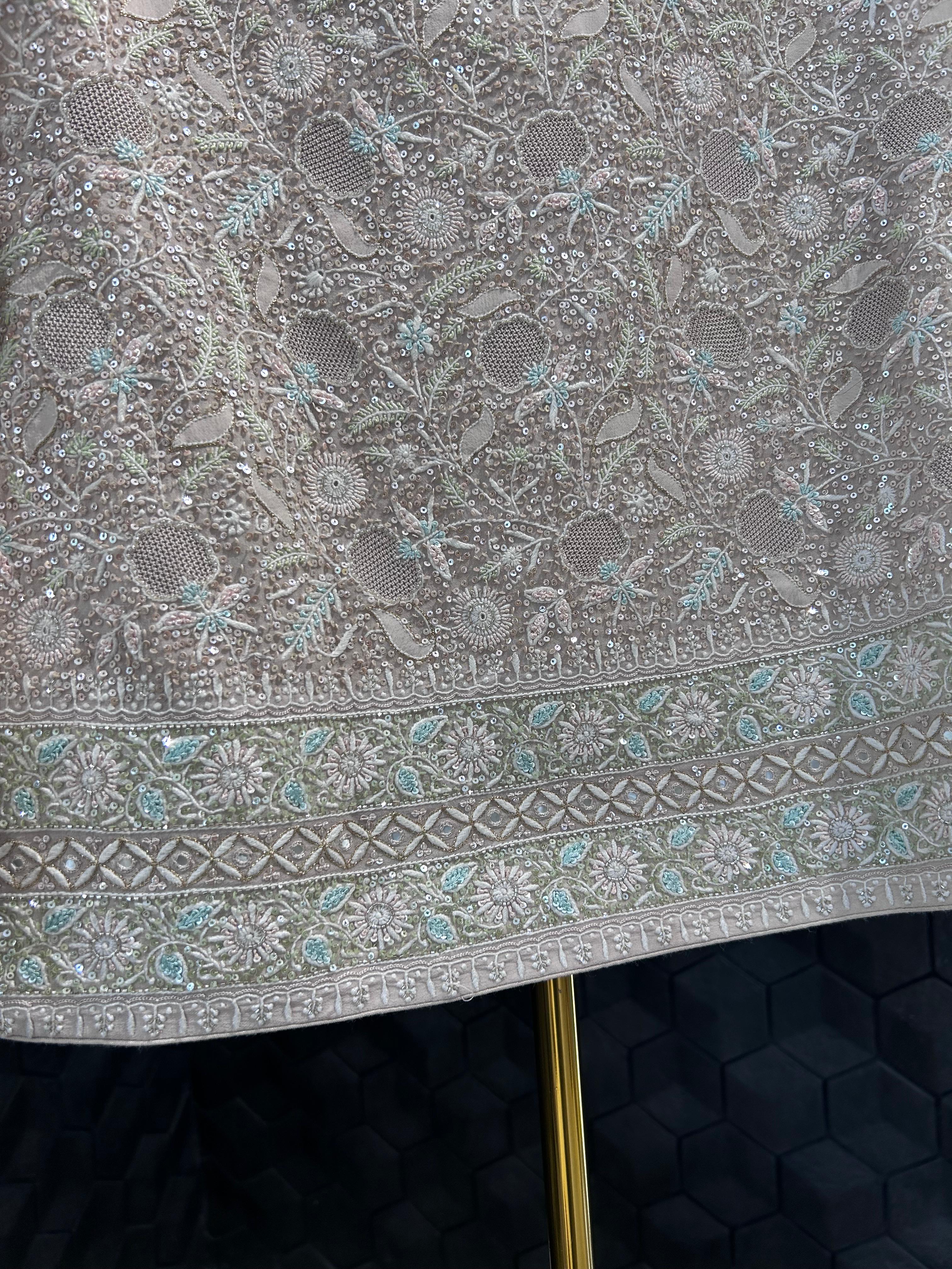 Beige georgette chikankari gilet-set with statement multi colour thread work