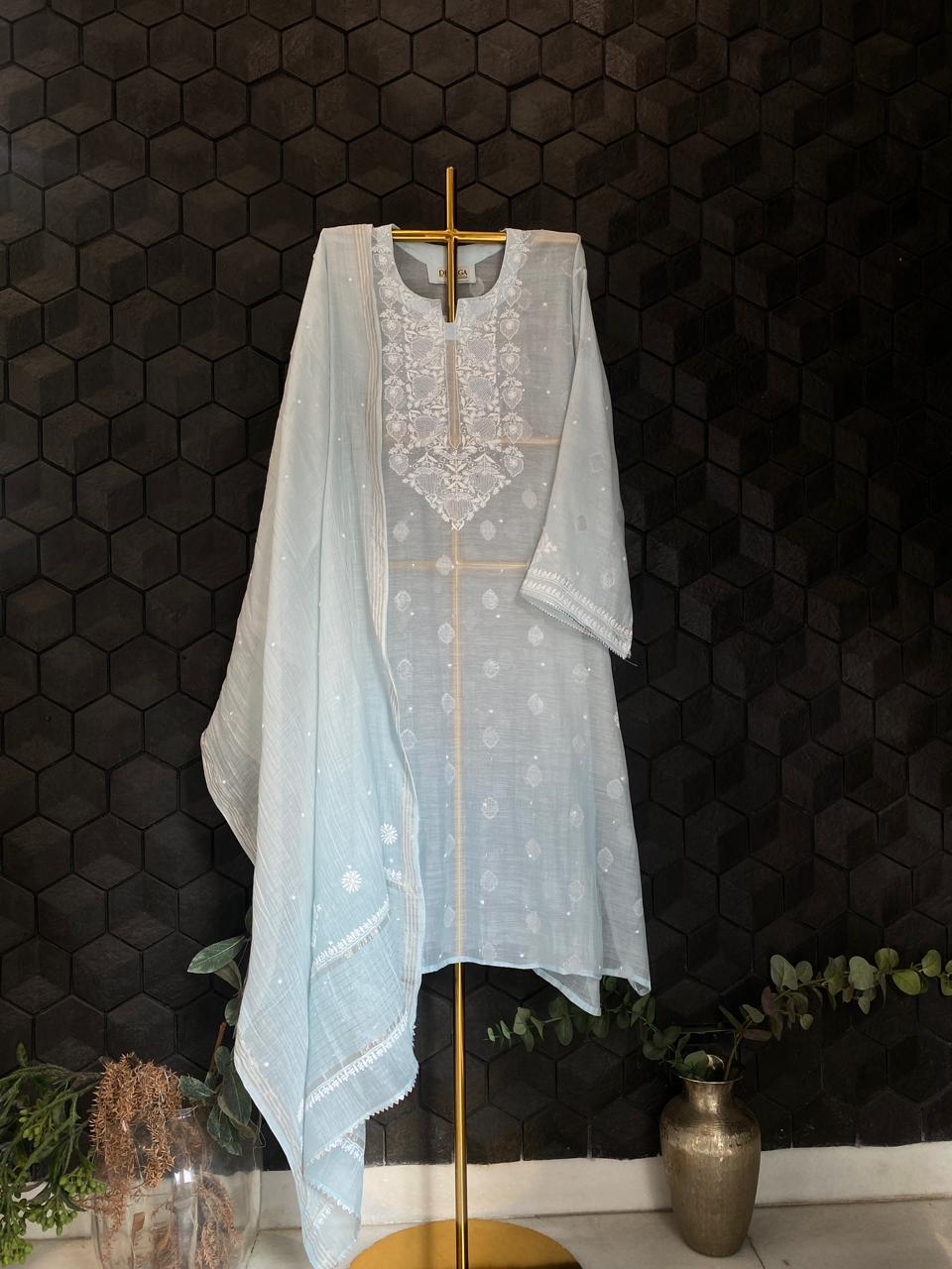 Sky Blue Mul Chanderi Chikankari Kurta Set