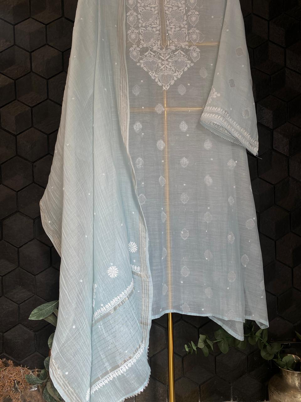 Sky Blue Mul Chanderi Chikankari Kurta Set