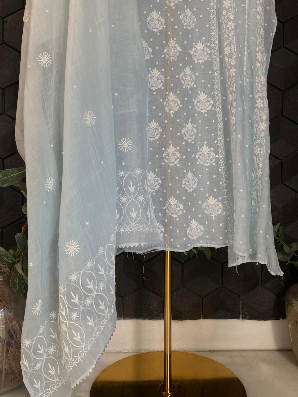 Sky Blue Mul Chanderi Chikankari Anarkali Set