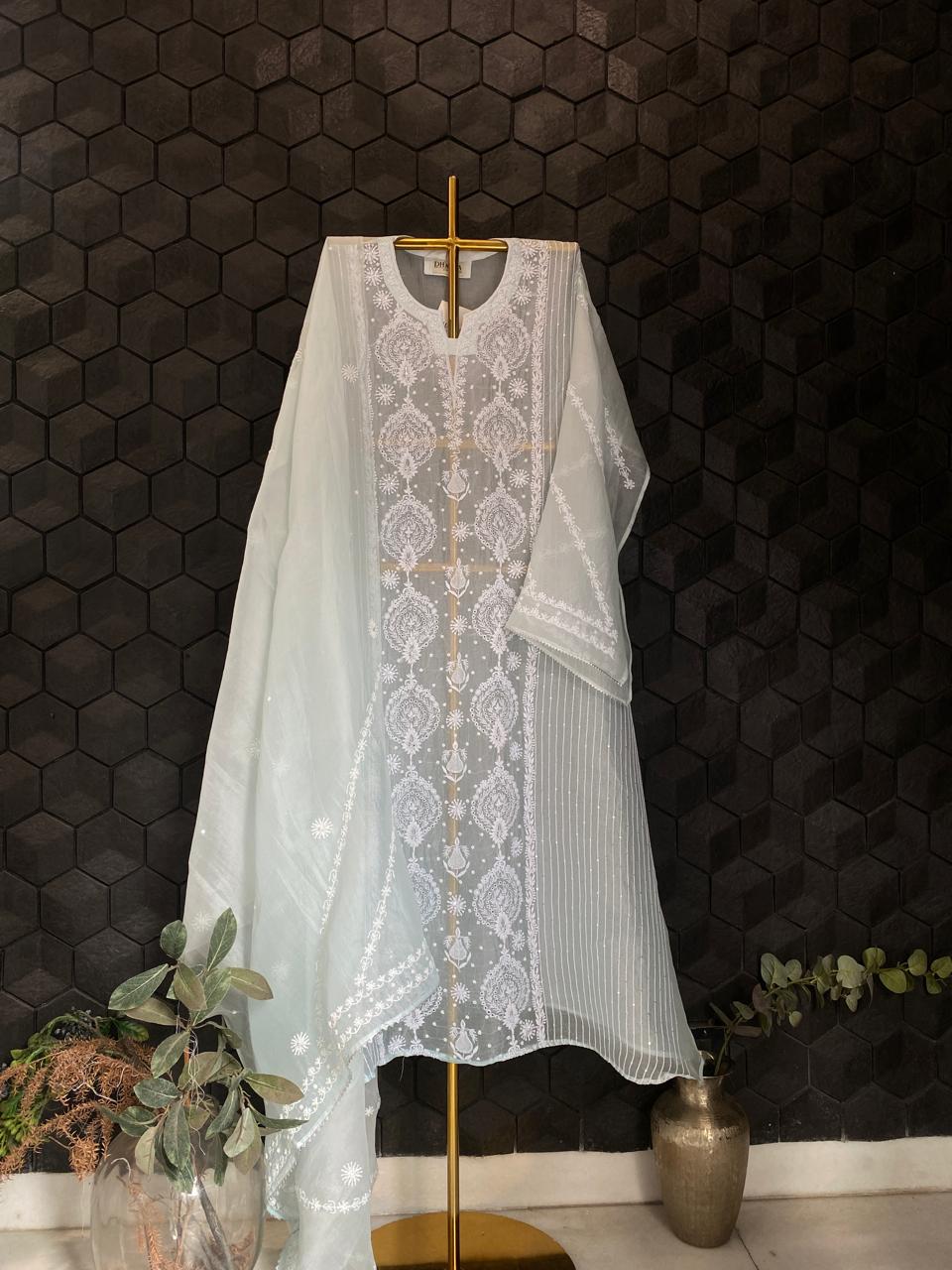 Sky Blue Organza Chikankari Kurta Set