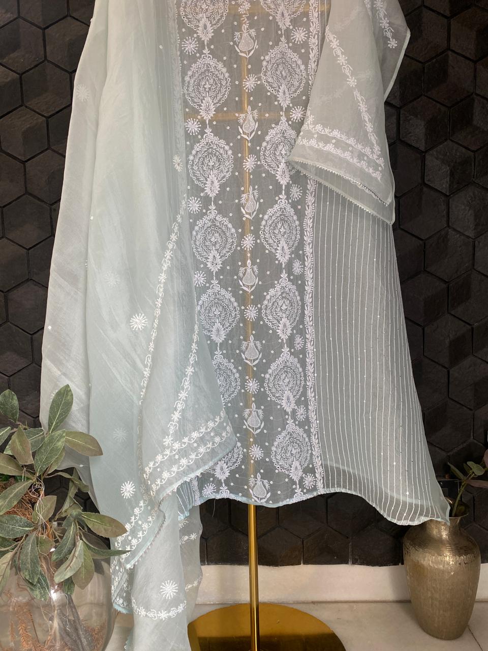 Sky Blue Organza Chikankari Kurta Set