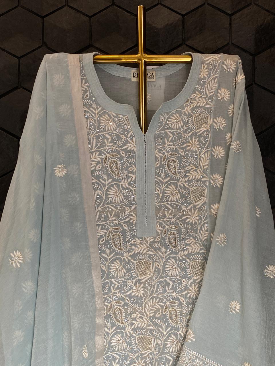 Blue Silver Tissue Chikankari Kurta Set