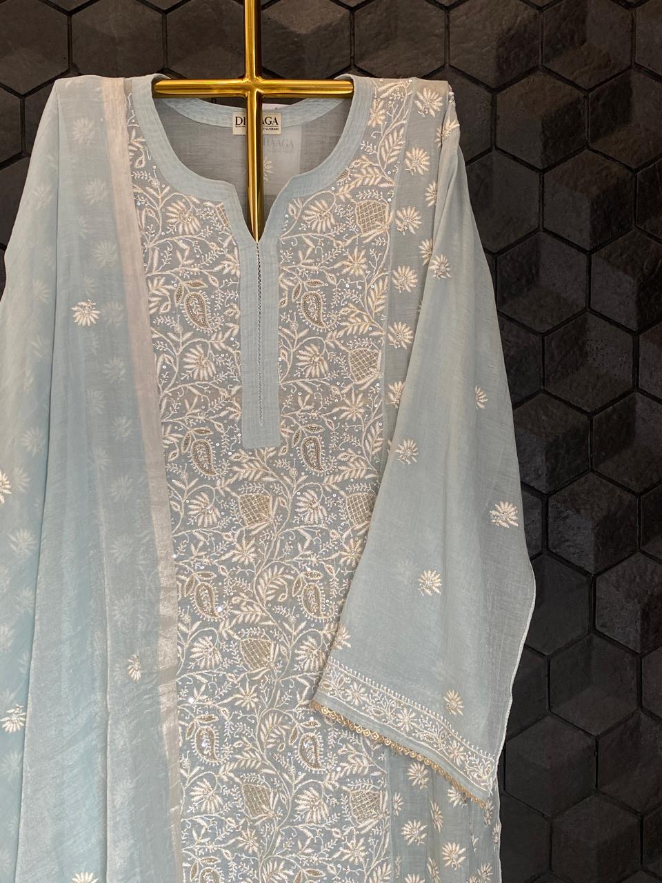 Blue Silver Tissue Chikankari Kurta Set