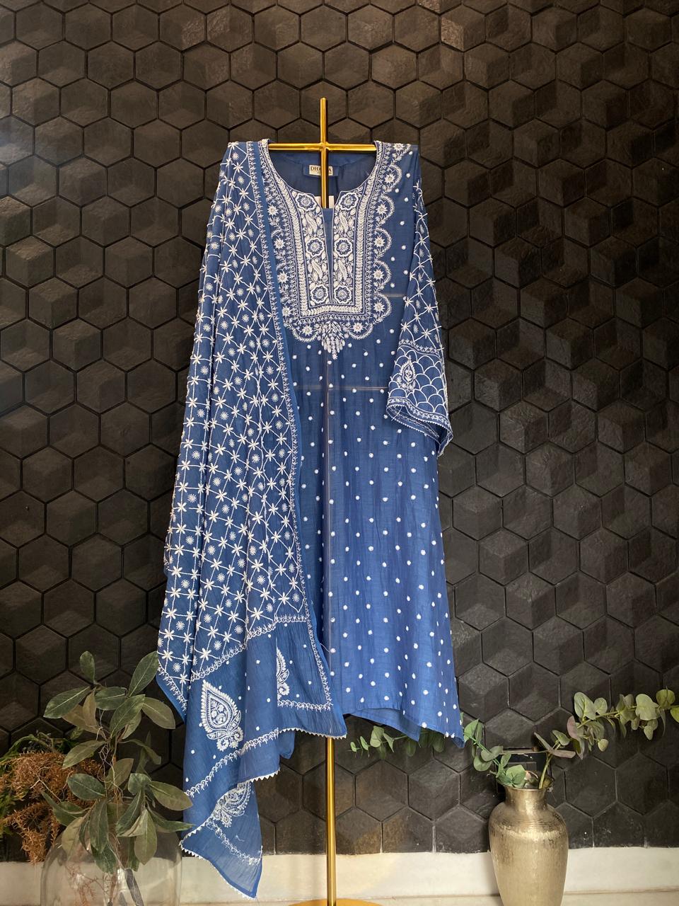 Cobalt Blue Mul Chanderi Chikankari Kurta Set