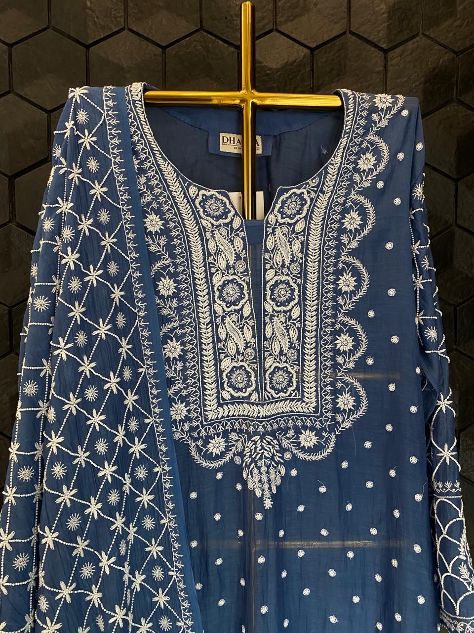 Cobalt Blue Mul Chanderi Chikankari Kurta Set