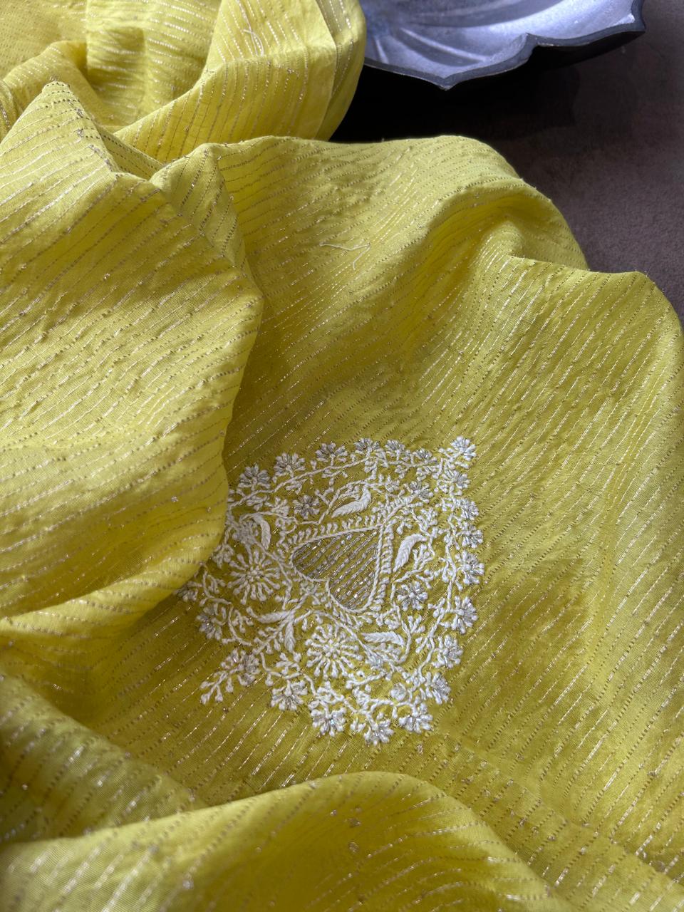 Lime Green Chanderi Chikankari Striped Mens kurta