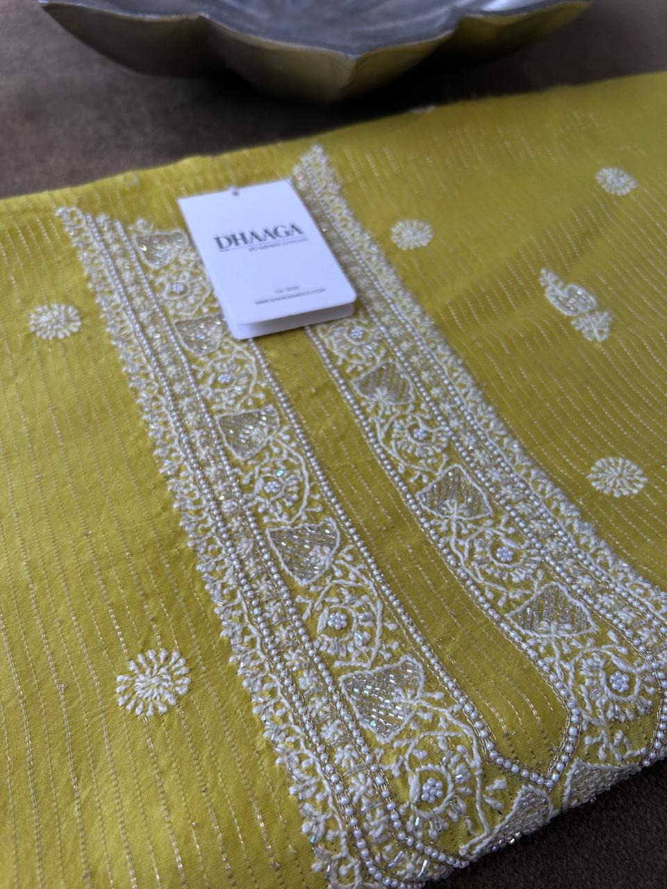 Lime Green Chanderi Chikankari Striped Mens kurta