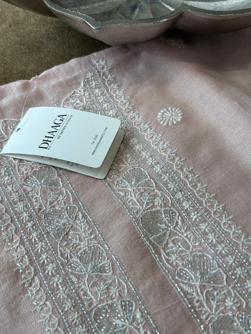 Pink Silver Tissue Chikankari Mens Kurta