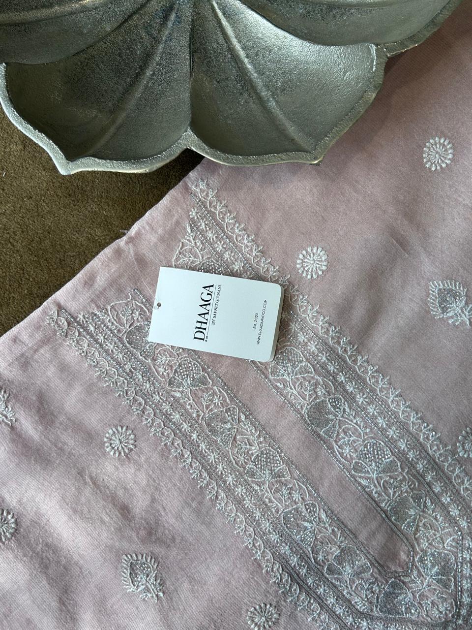 Pink Silver Tissue Chikankari Mens Kurta