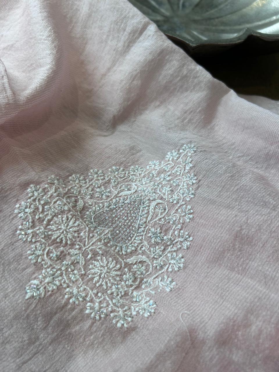 Pink Silver Tissue Chikankari Mens Kurta