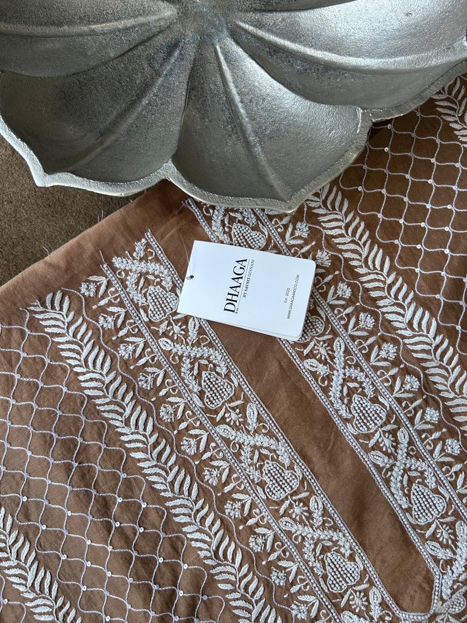 Brown Chanderi Chikankari Mens Kurta