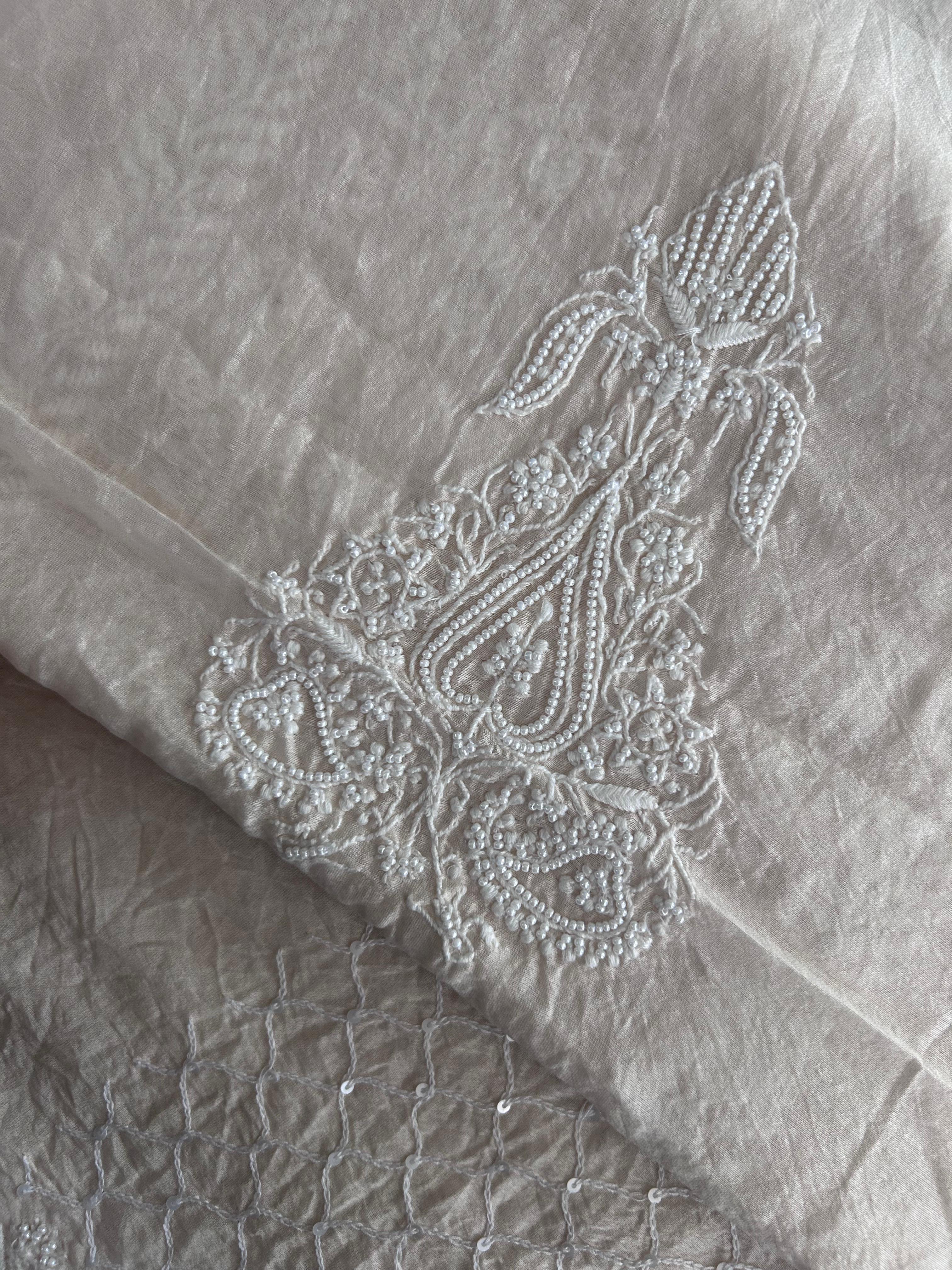 Ivory chanderi chikankari men kurta