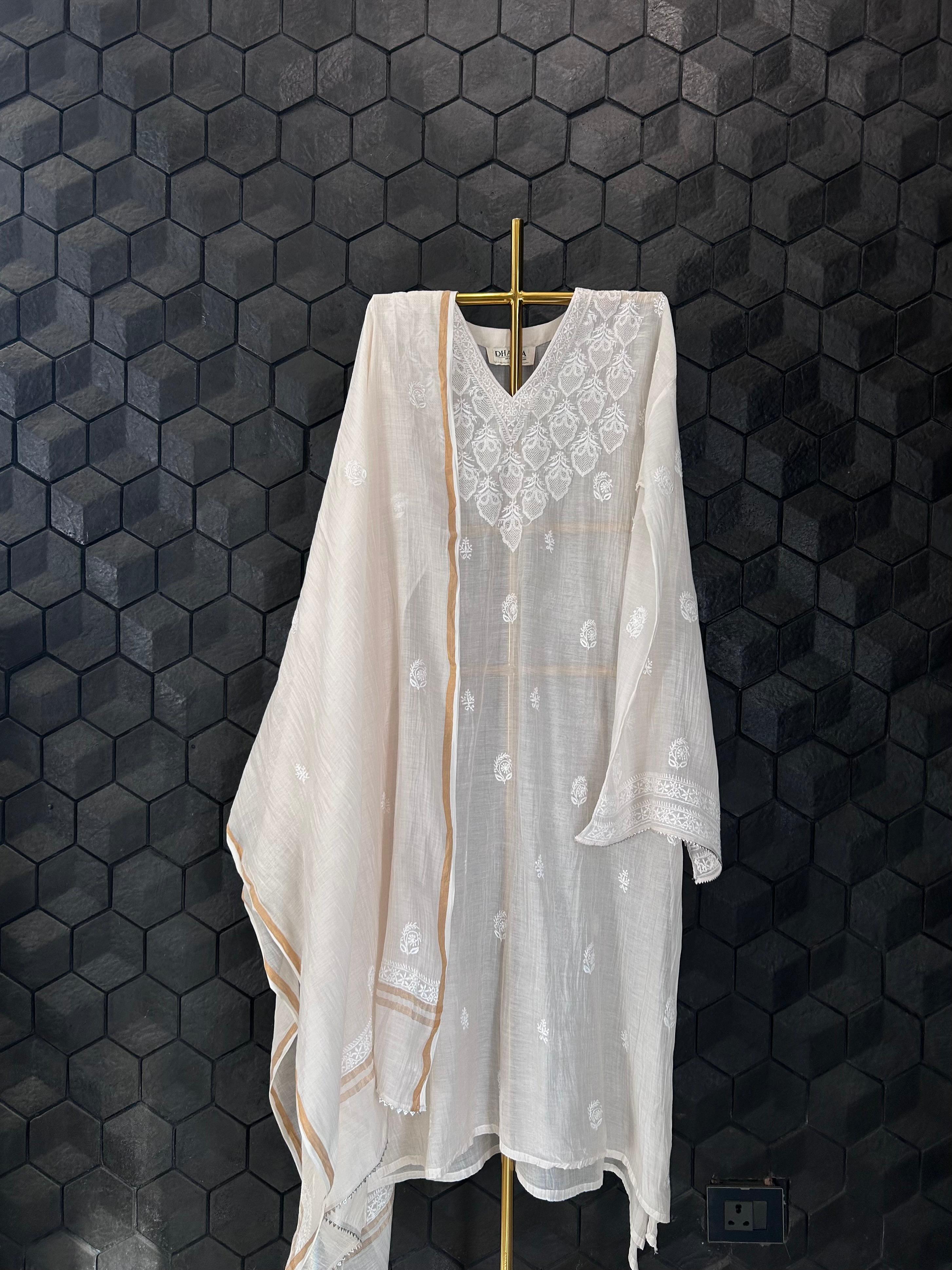 White Mul Chanderi Chikankari Kurta Set