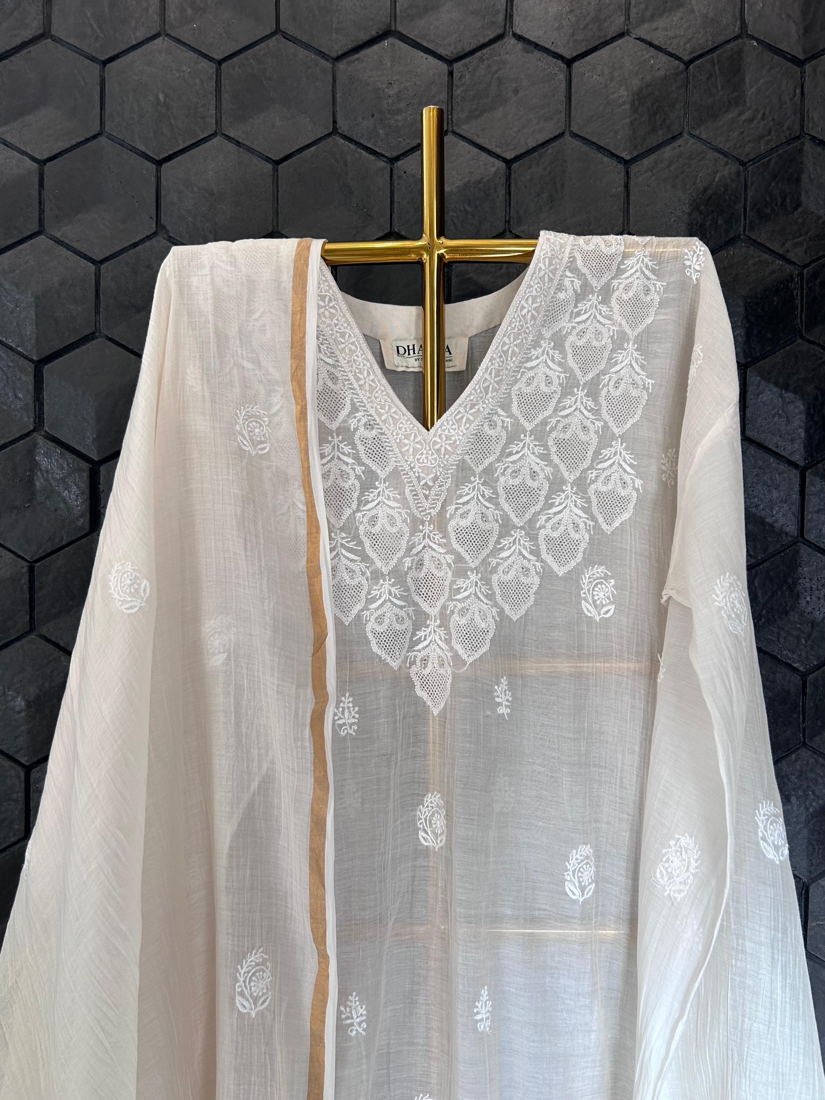 White Mul Chanderi Chikankari Kurta Set