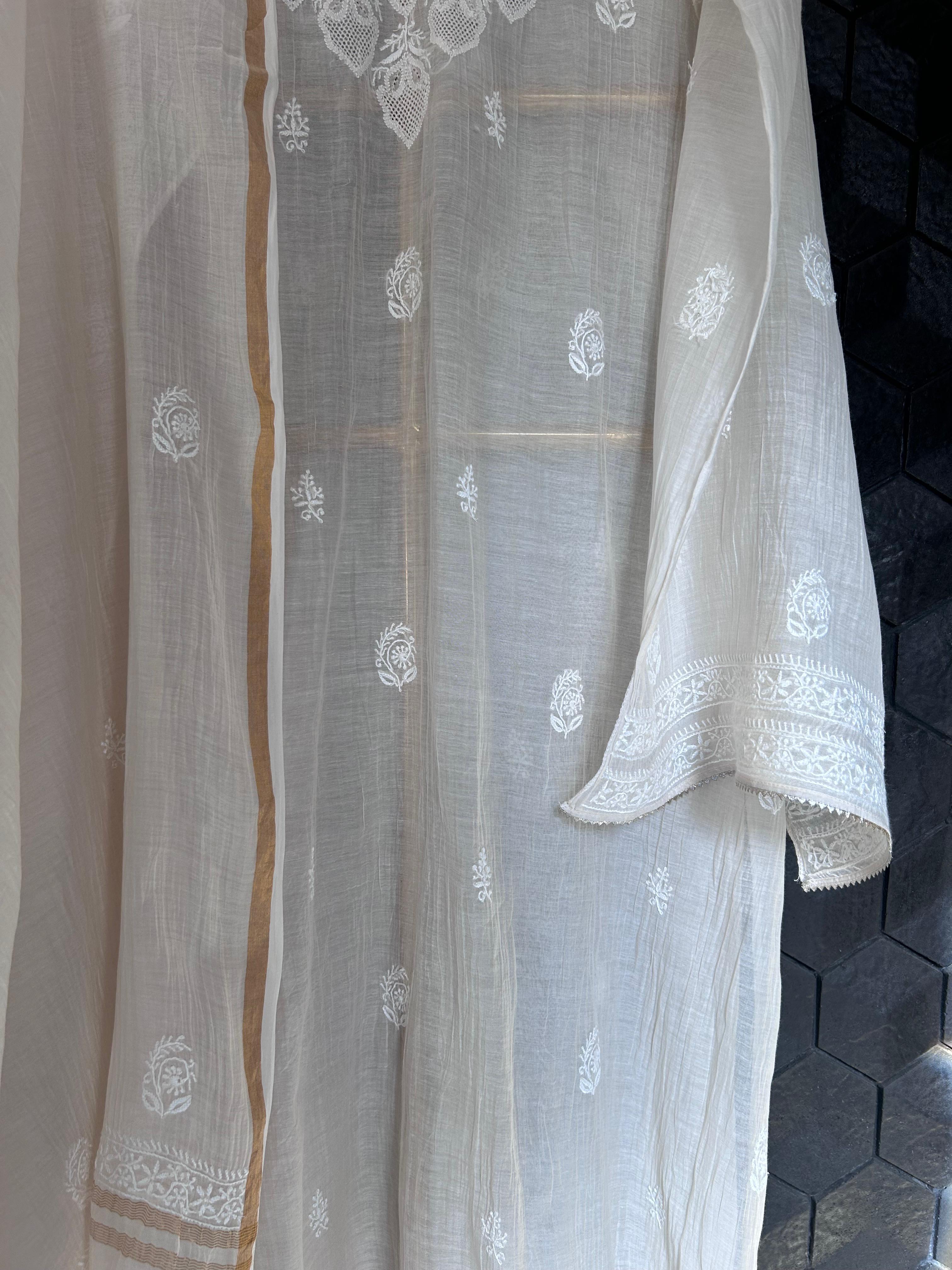 White Mul Chanderi Chikankari Kurta Set