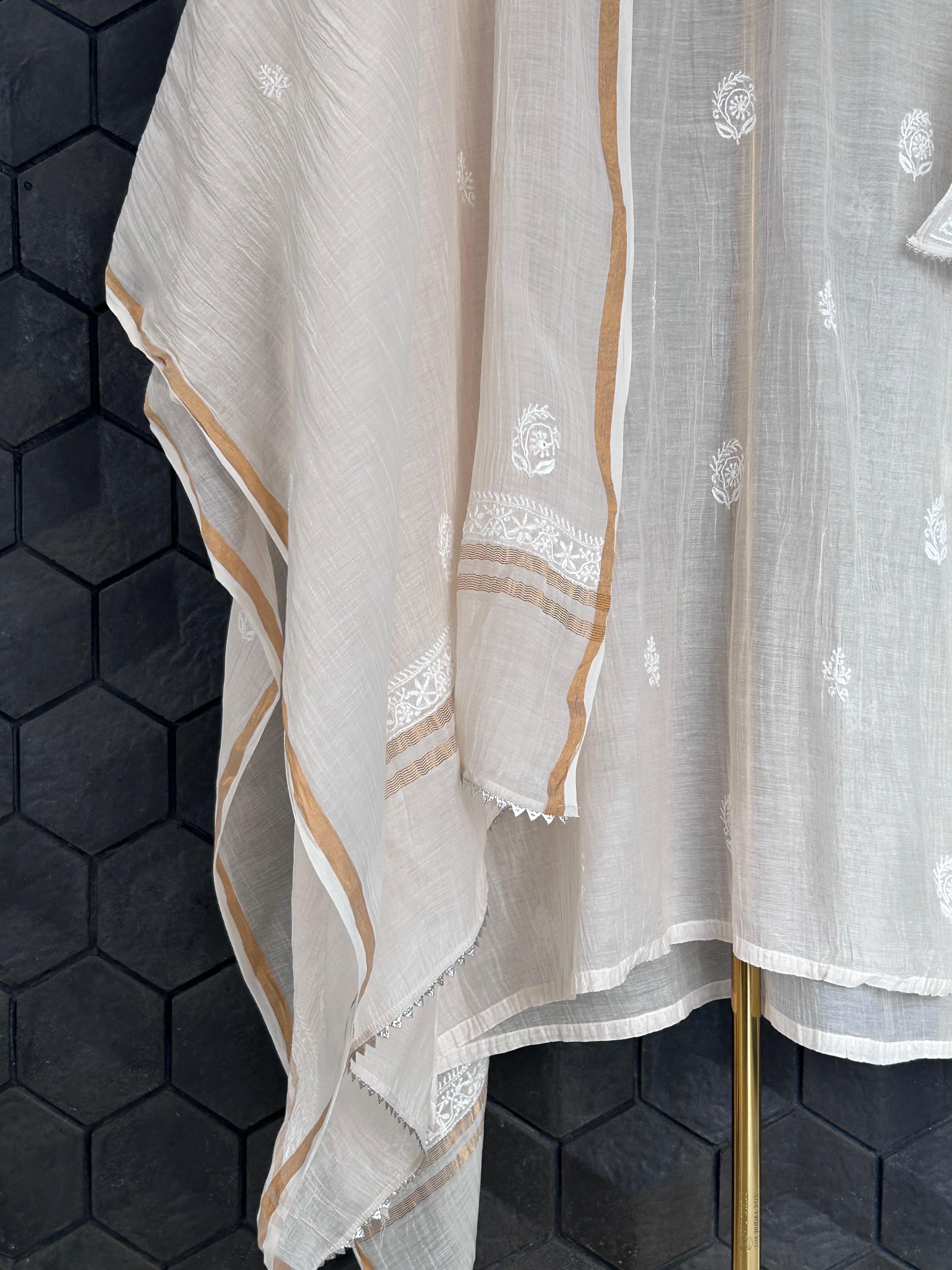 White Mul Chanderi Chikankari Kurta Set