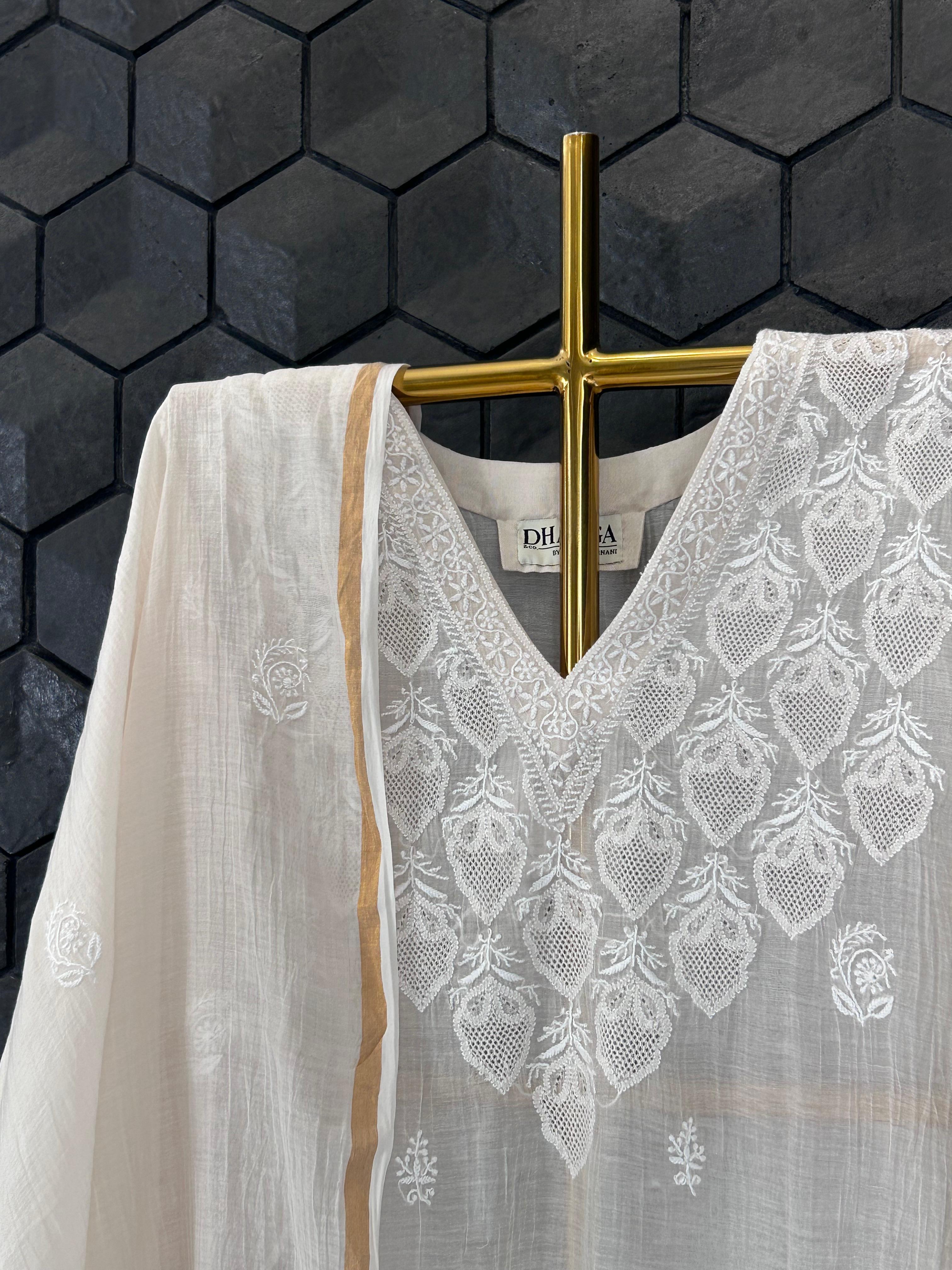 White Mul Chanderi Chikankari Kurta Set