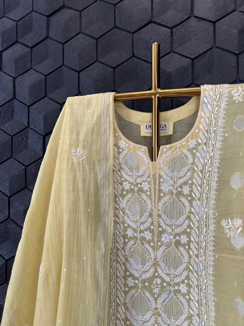 Lime Green Mul Chanderi Chikankari Kurta